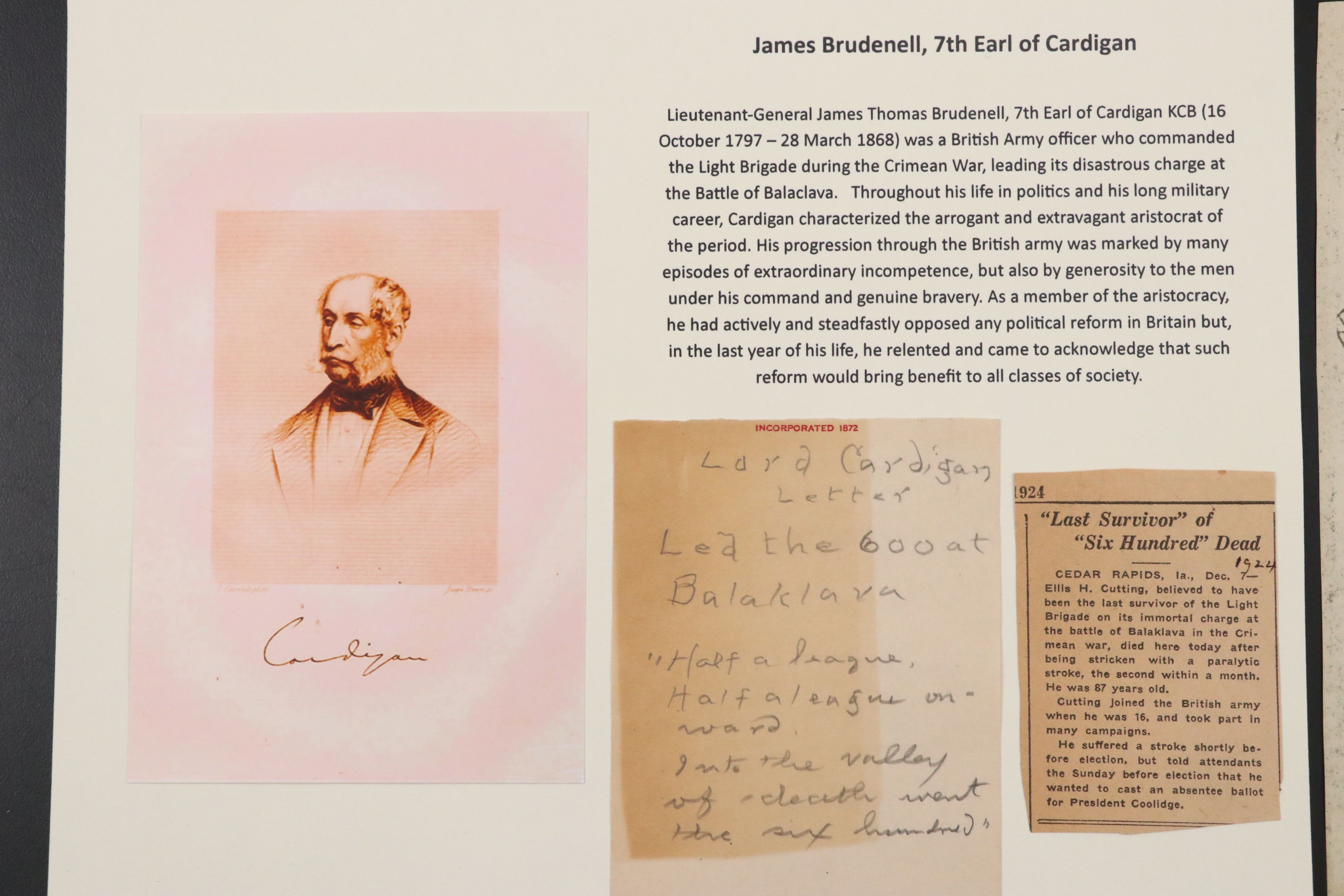 James Brudenell, 7th Earl of Cardigan Signed Note, 19th Century