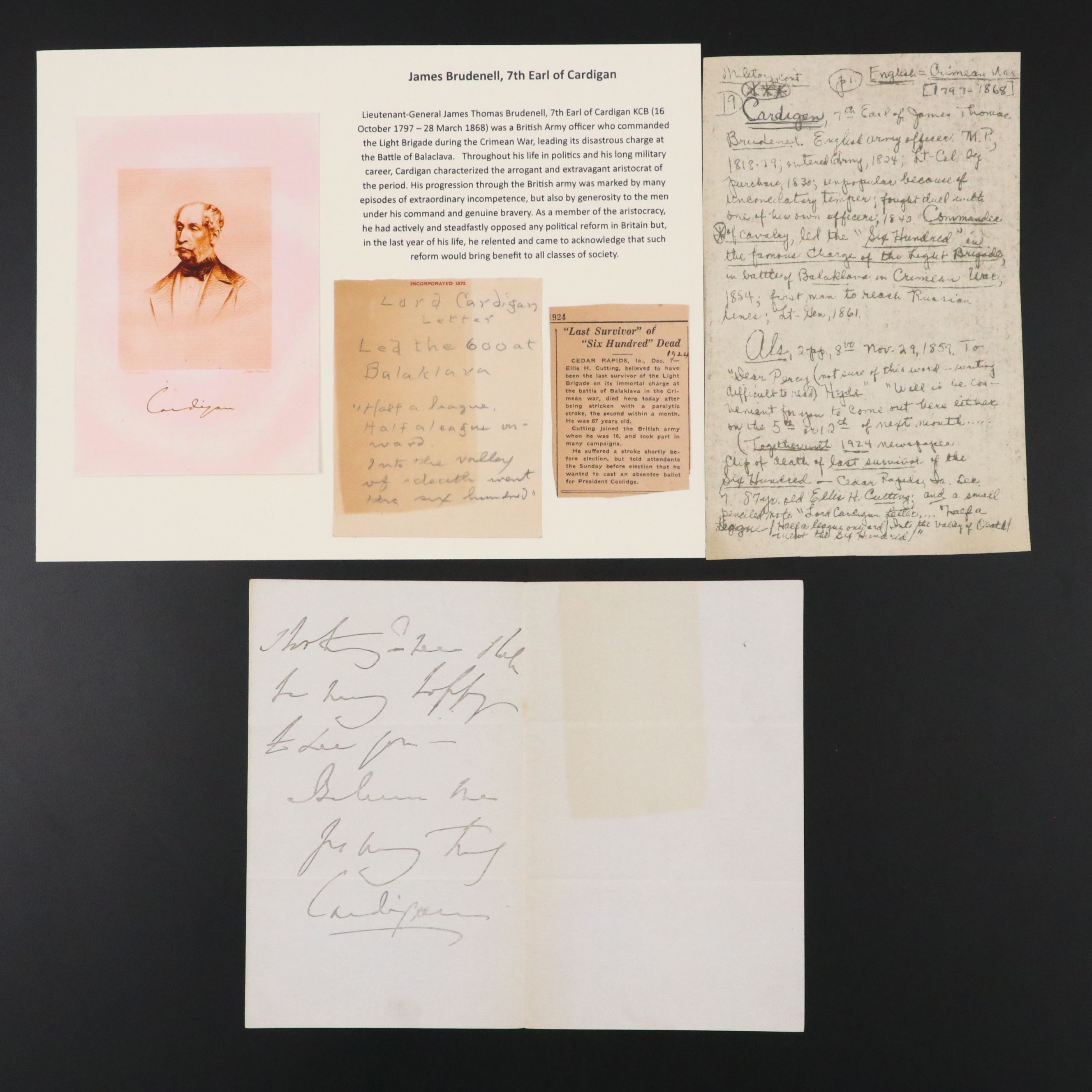 James Brudenell, 7th Earl of Cardigan Signed Note, 19th Century