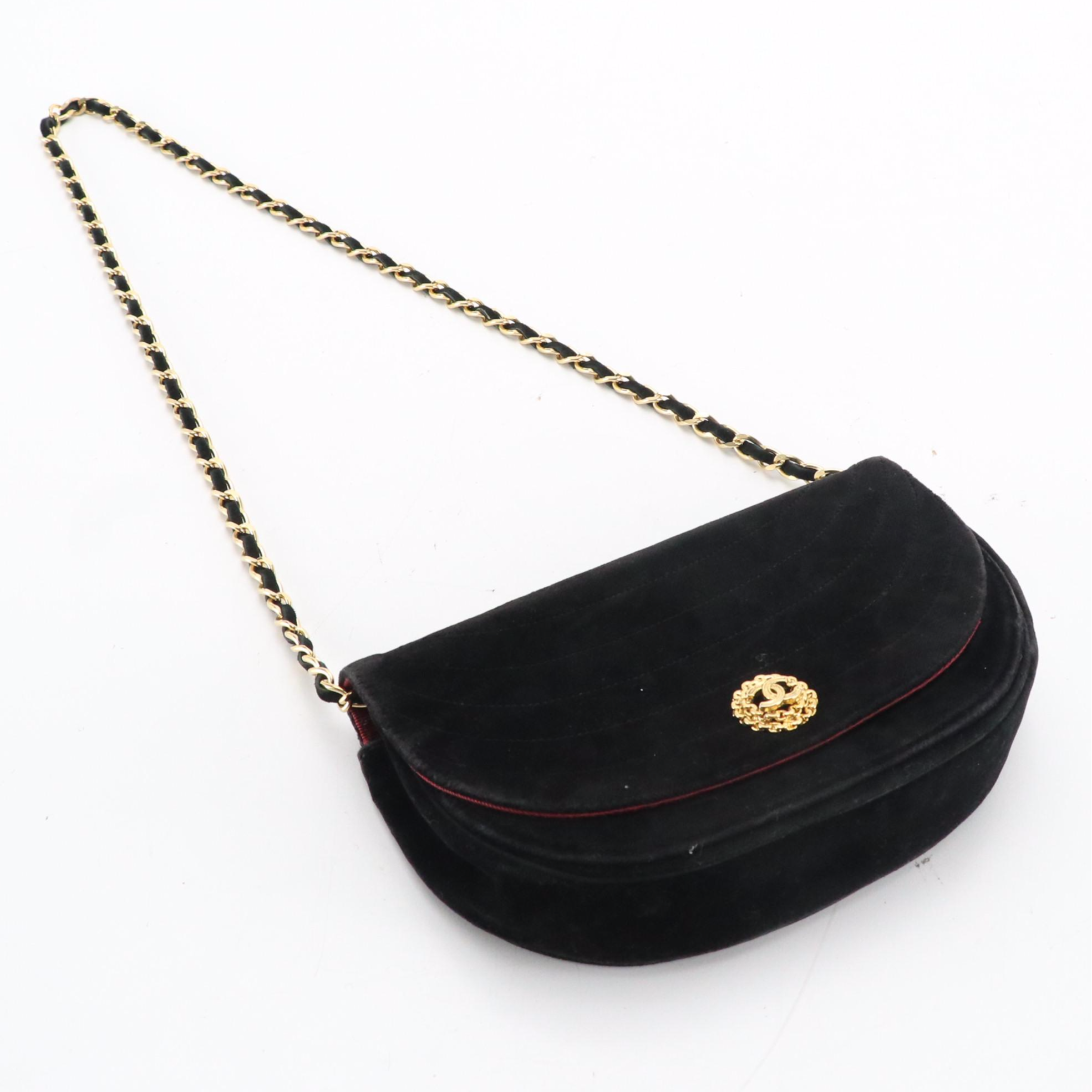 Chanel Half Moon CC Flap Shoulder Bag in Black Velvet, Circa 1980's