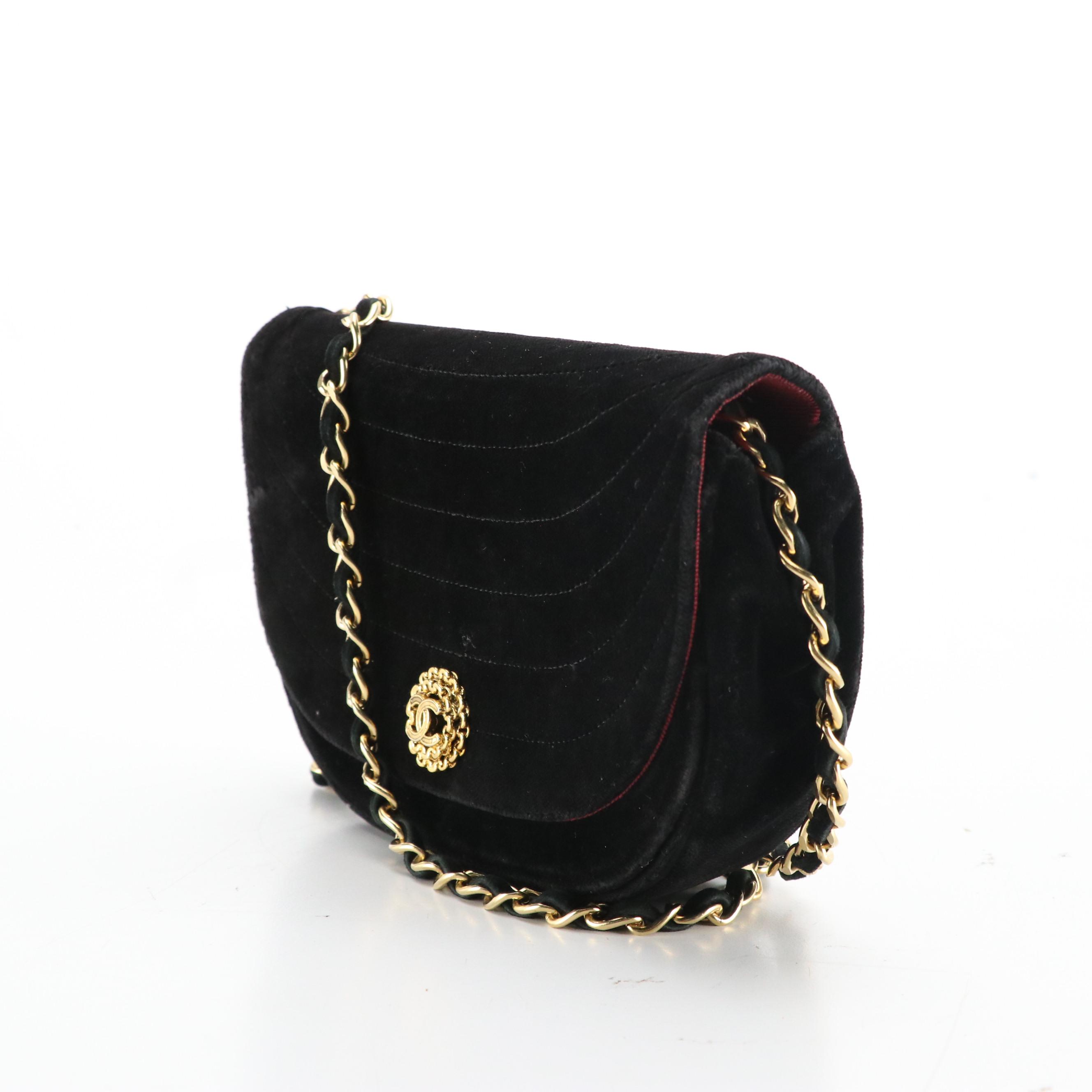 Chanel Half Moon CC Flap Shoulder Bag in Black Velvet, Circa 1980's