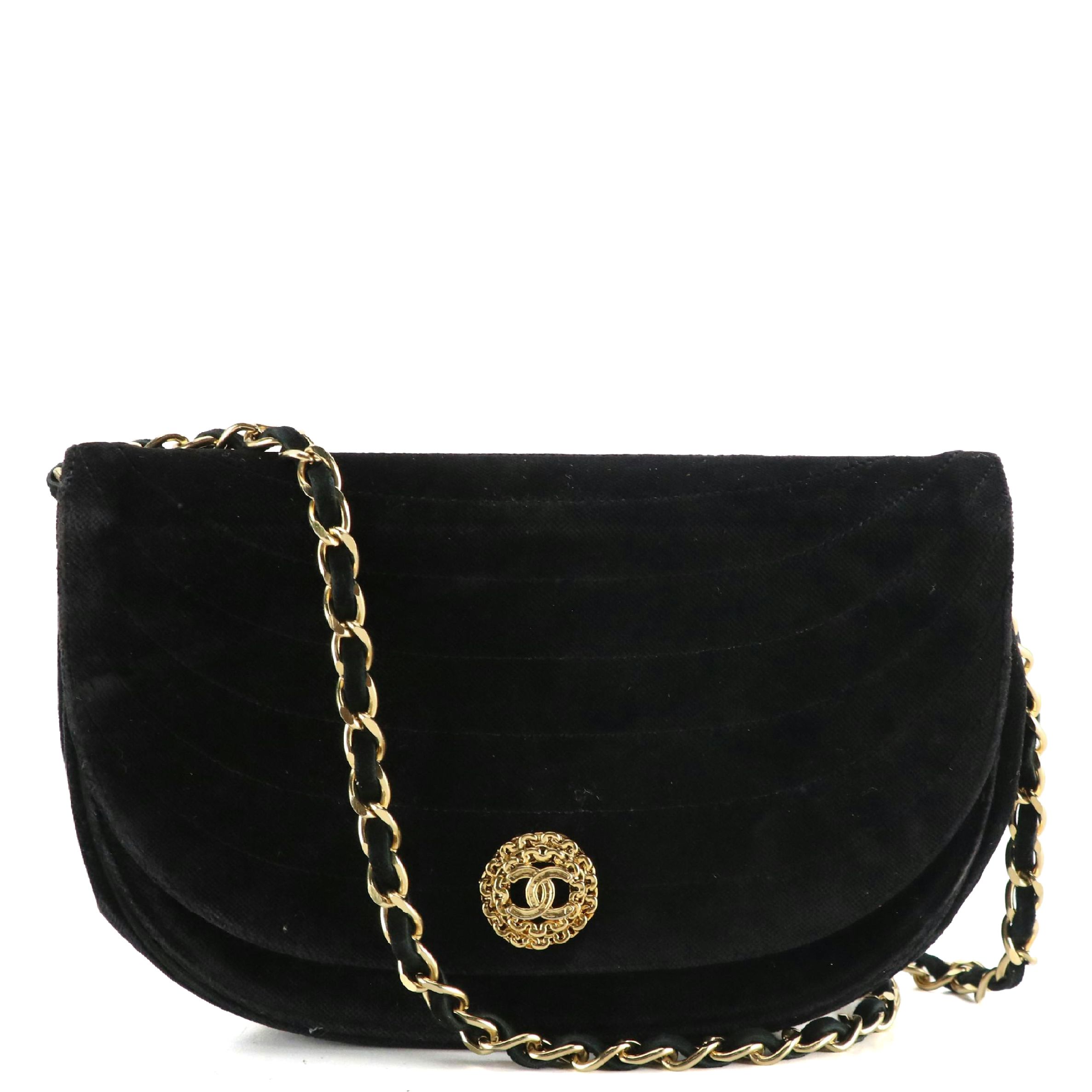 Chanel Half Moon CC Flap Shoulder Bag in Black Velvet, Circa 1980's