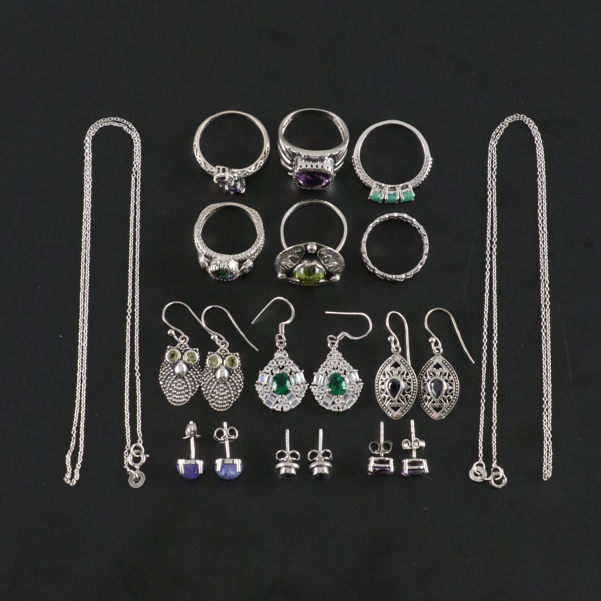 14 Assorted Sterling Silver Rings, Necklaces and Earrings