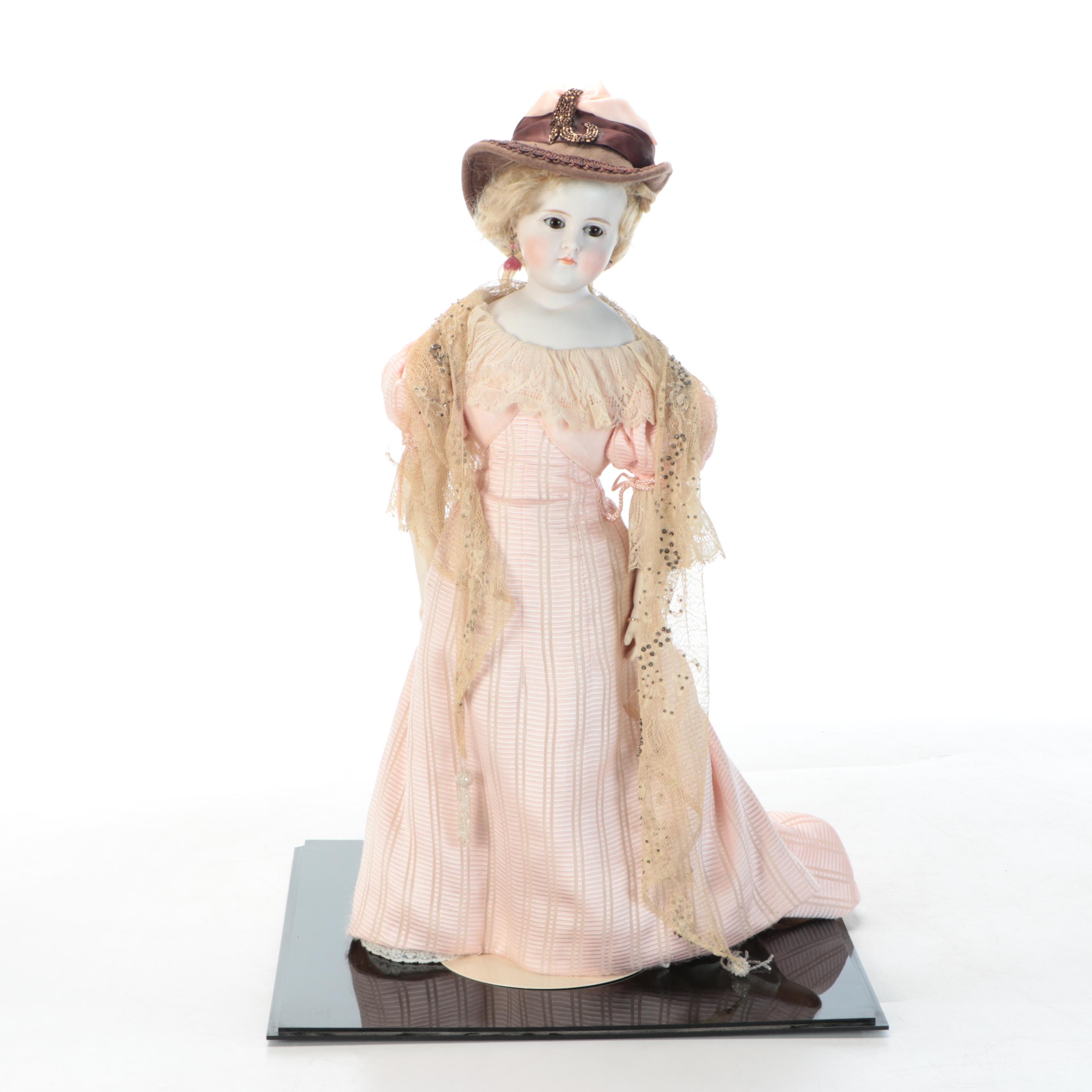 Porcelain Cloth Bodied German or French Doll with Display Case, Antique