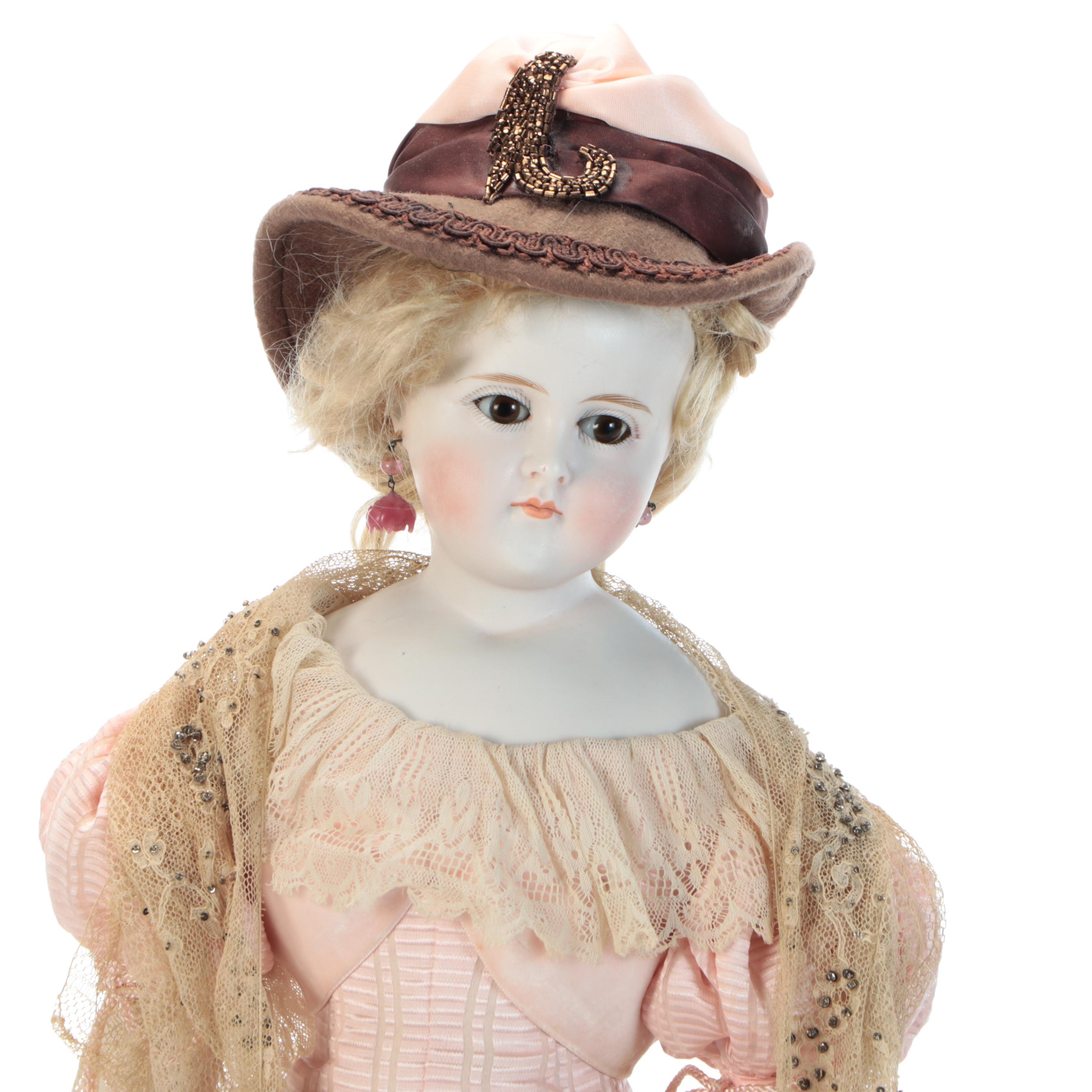 Porcelain Cloth Bodied German or French Doll with Display Case, Antique