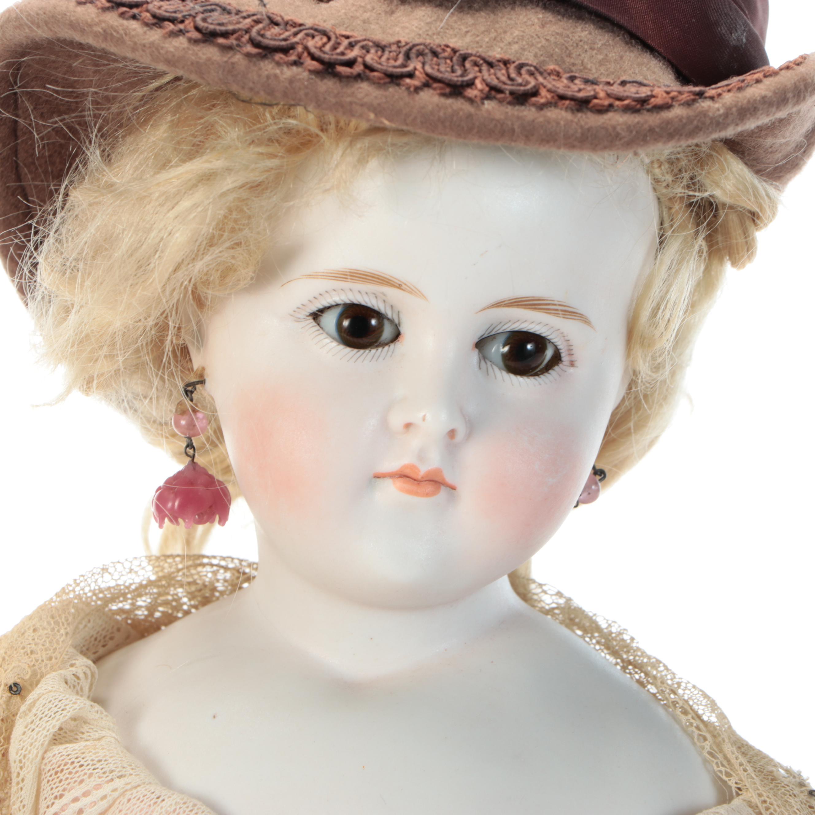 Porcelain Cloth Bodied German or French Doll with Display Case, Antique