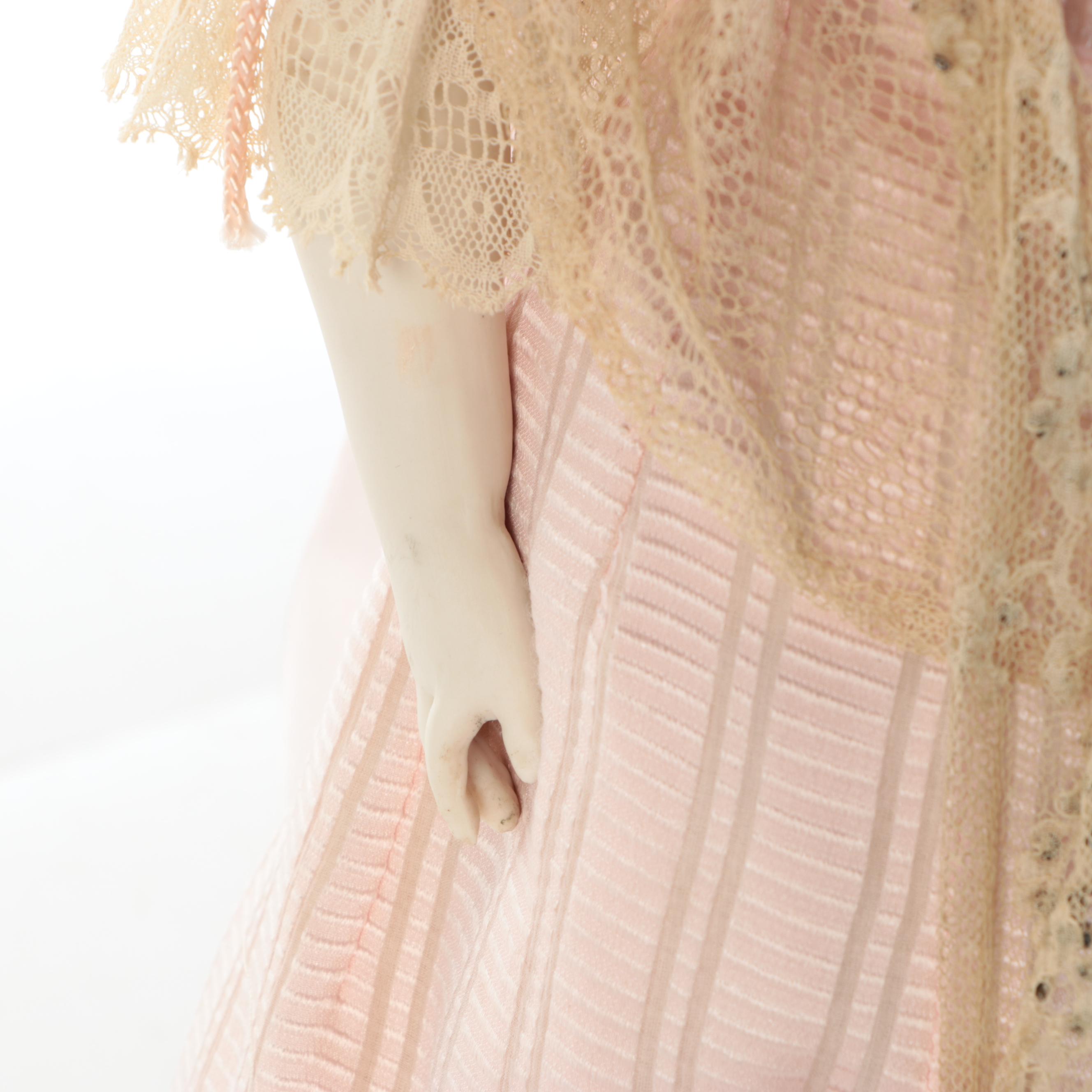 Porcelain Cloth Bodied German or French Doll with Display Case, Antique