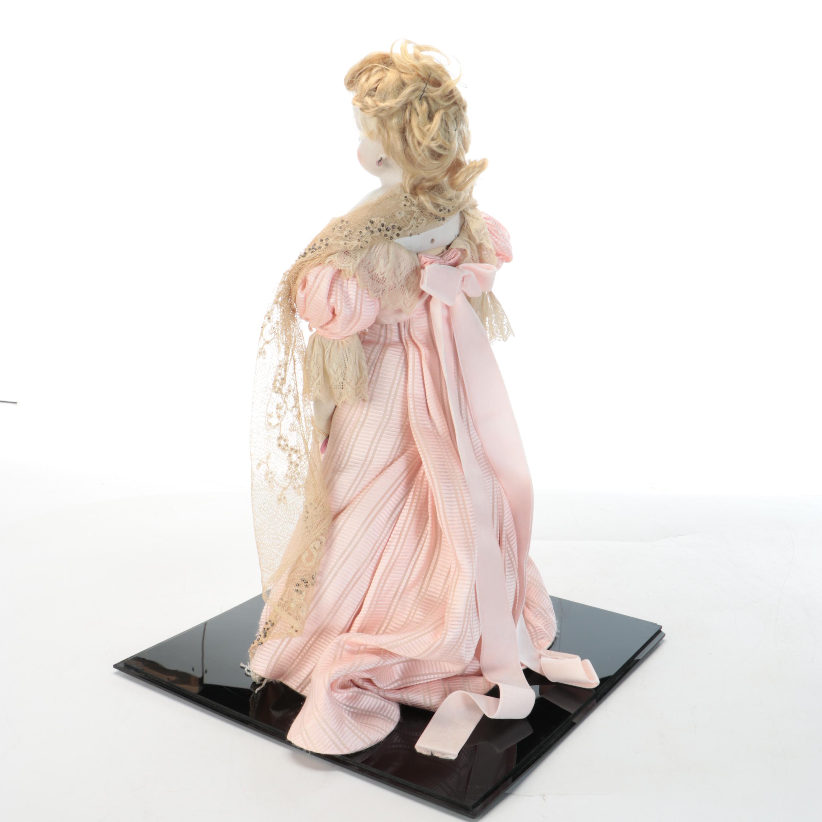 Porcelain Cloth Bodied German or French Doll with Display Case, Antique