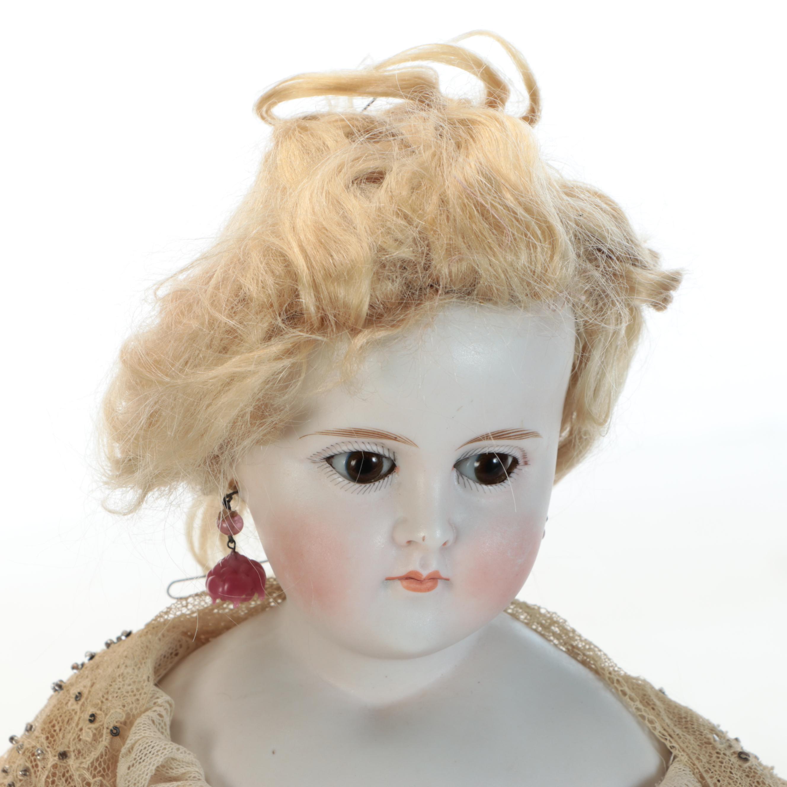 Porcelain Cloth Bodied German or French Doll with Display Case, Antique