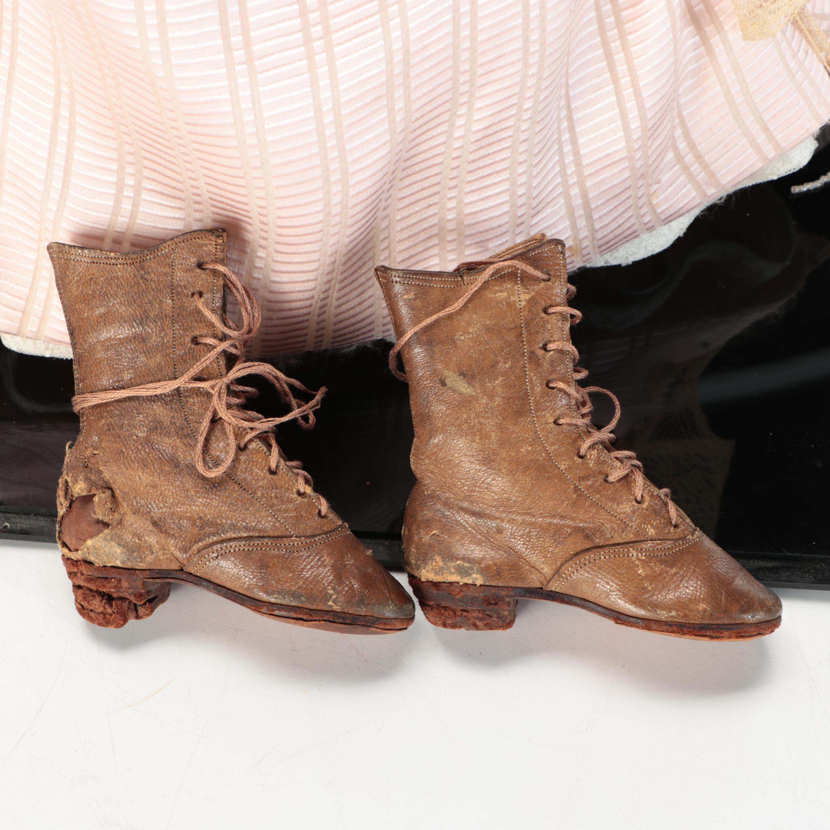 Porcelain Cloth Bodied German or French Doll with Display Case, Antique