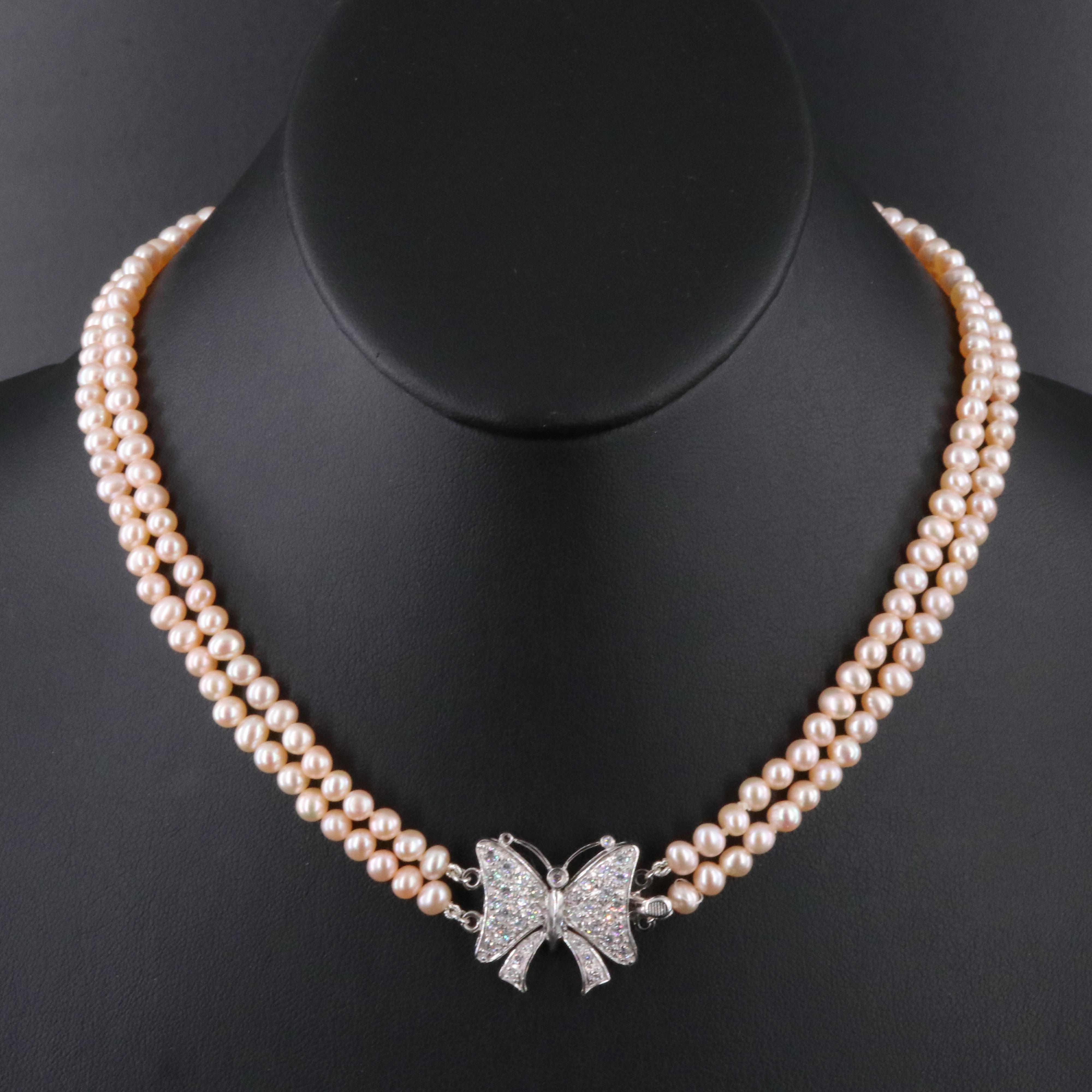Pearl Necklace with Sterling CZ Butterfly Clasp