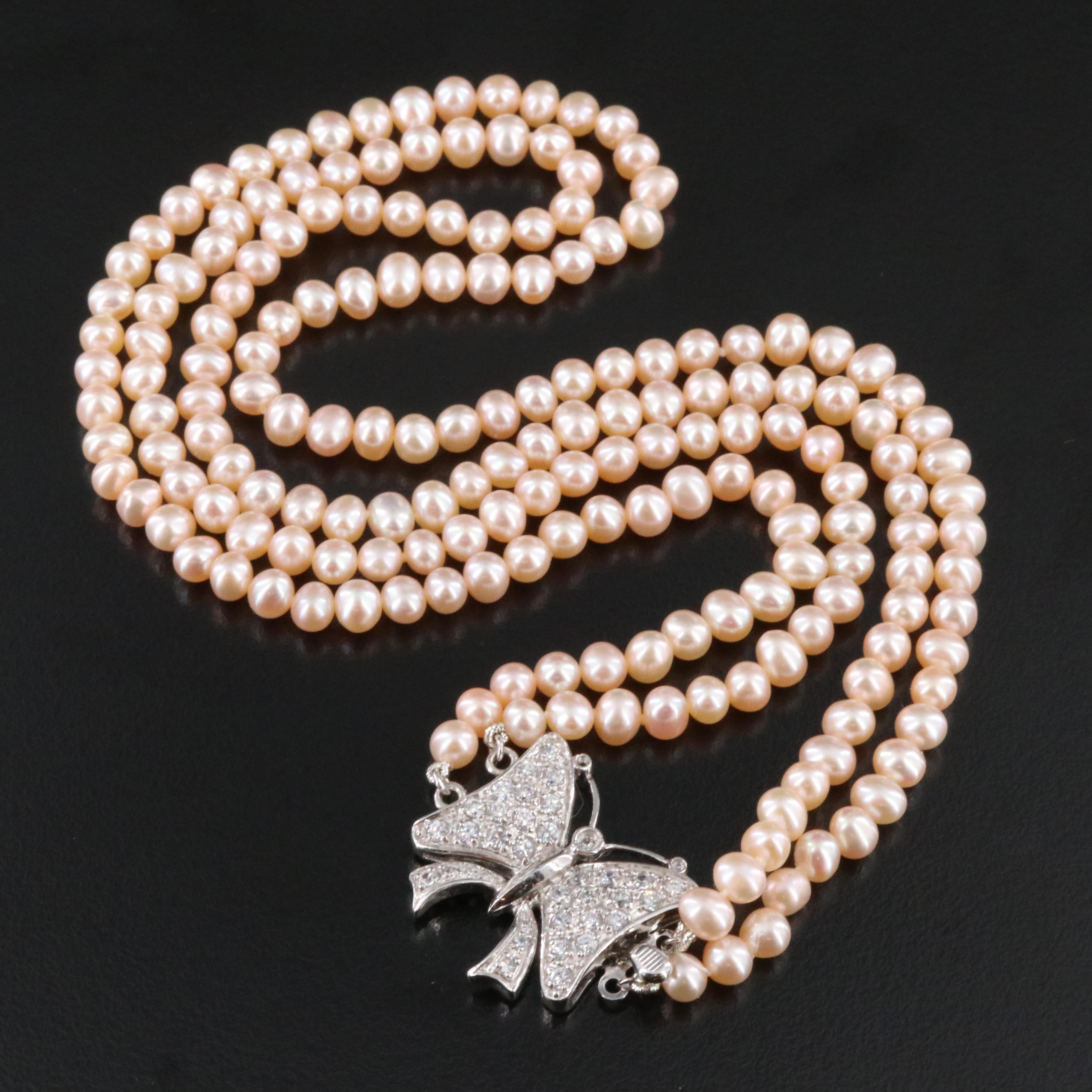 Pearl Necklace with Sterling CZ Butterfly Clasp