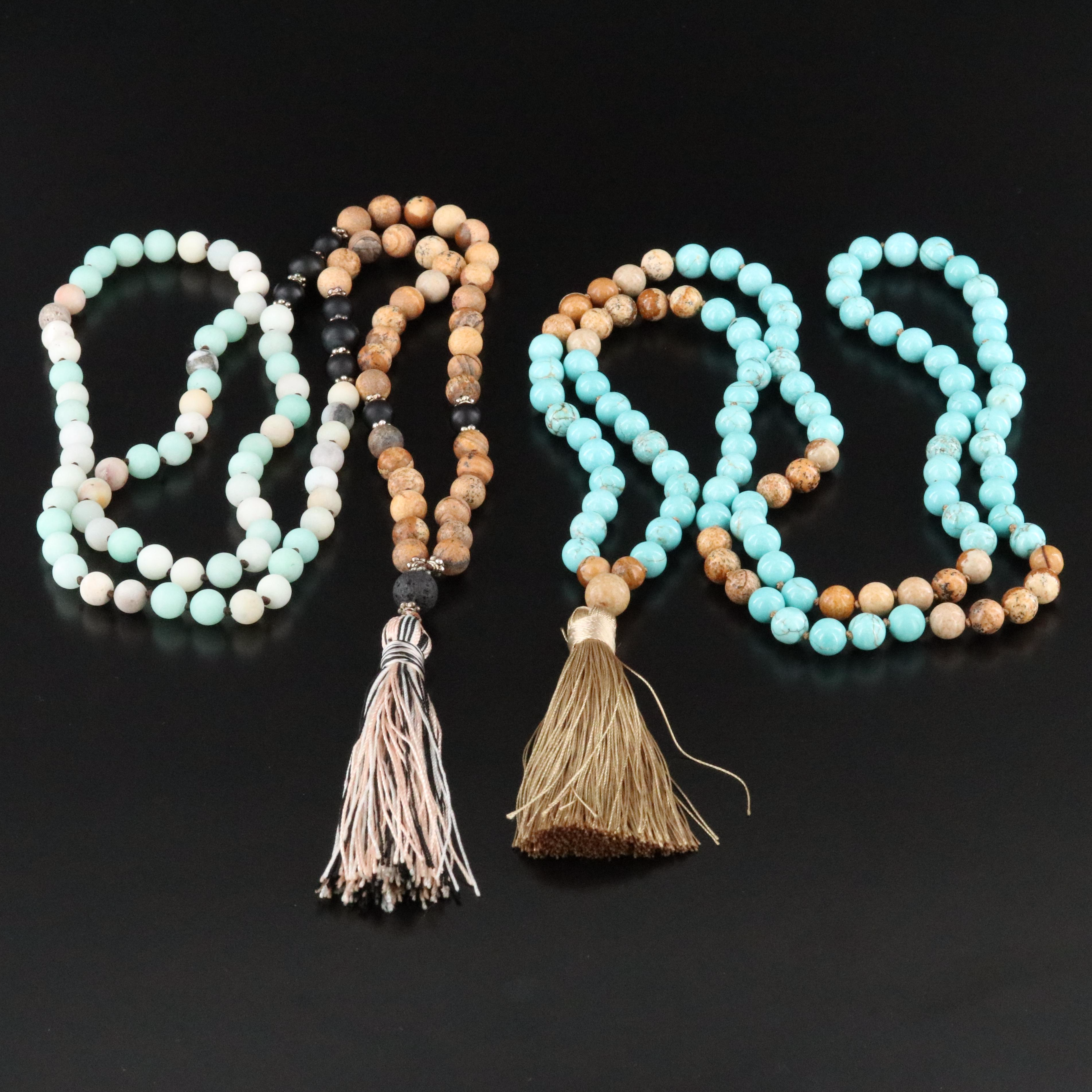Mala Turquoise, Jasper and Chalcedony Necklaces with Tassels