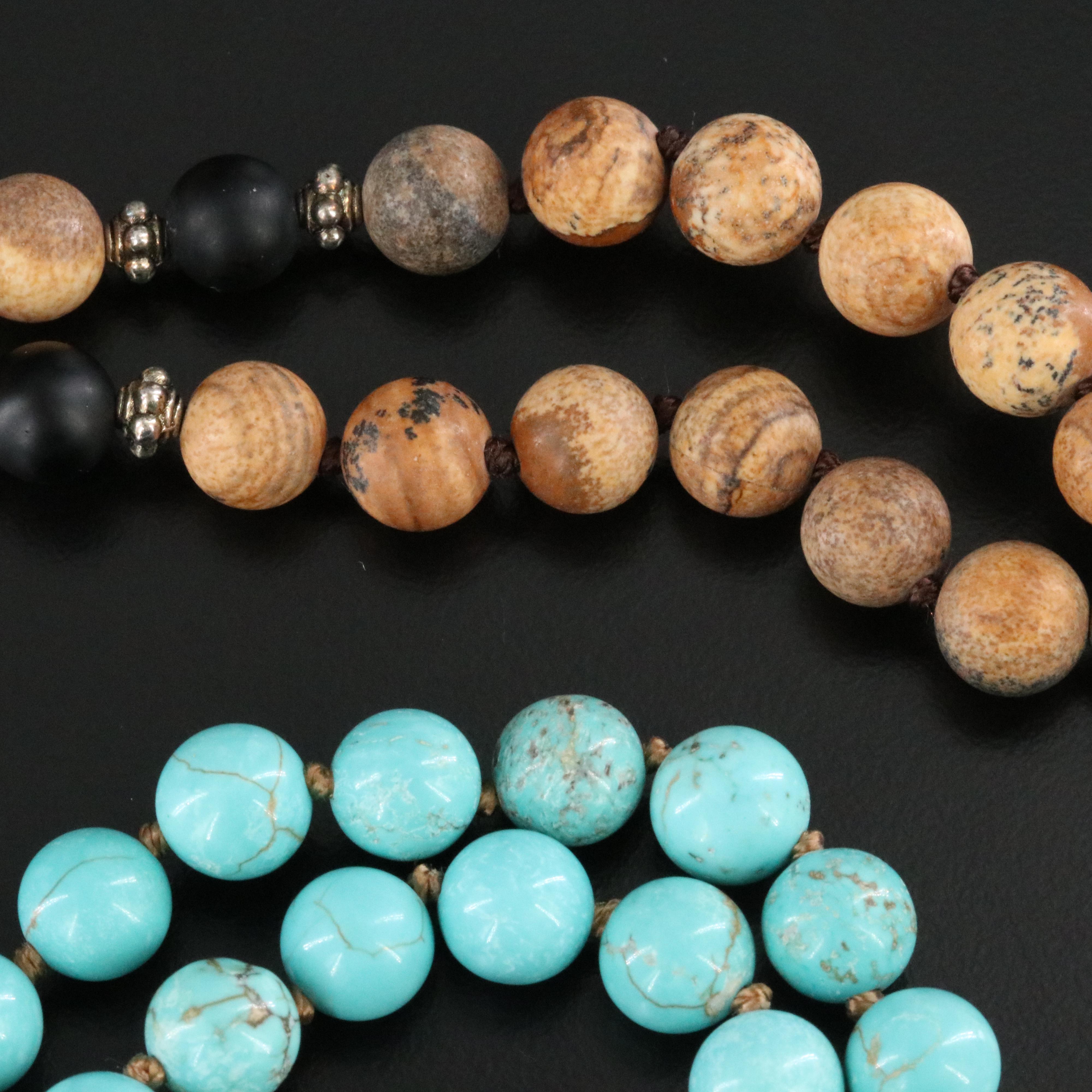 Mala Turquoise, Jasper and Chalcedony Necklaces with Tassels