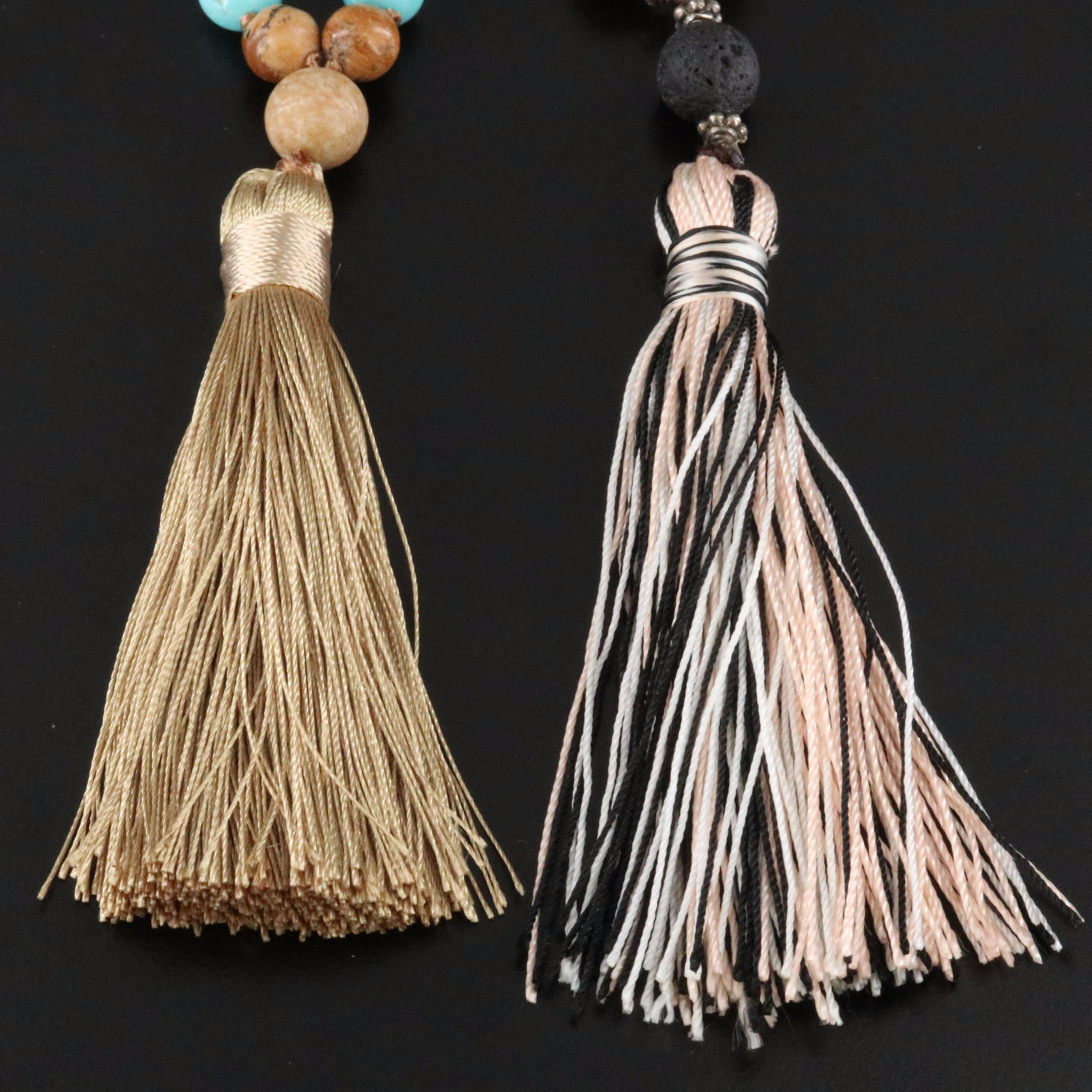 Mala Turquoise, Jasper and Chalcedony Necklaces with Tassels