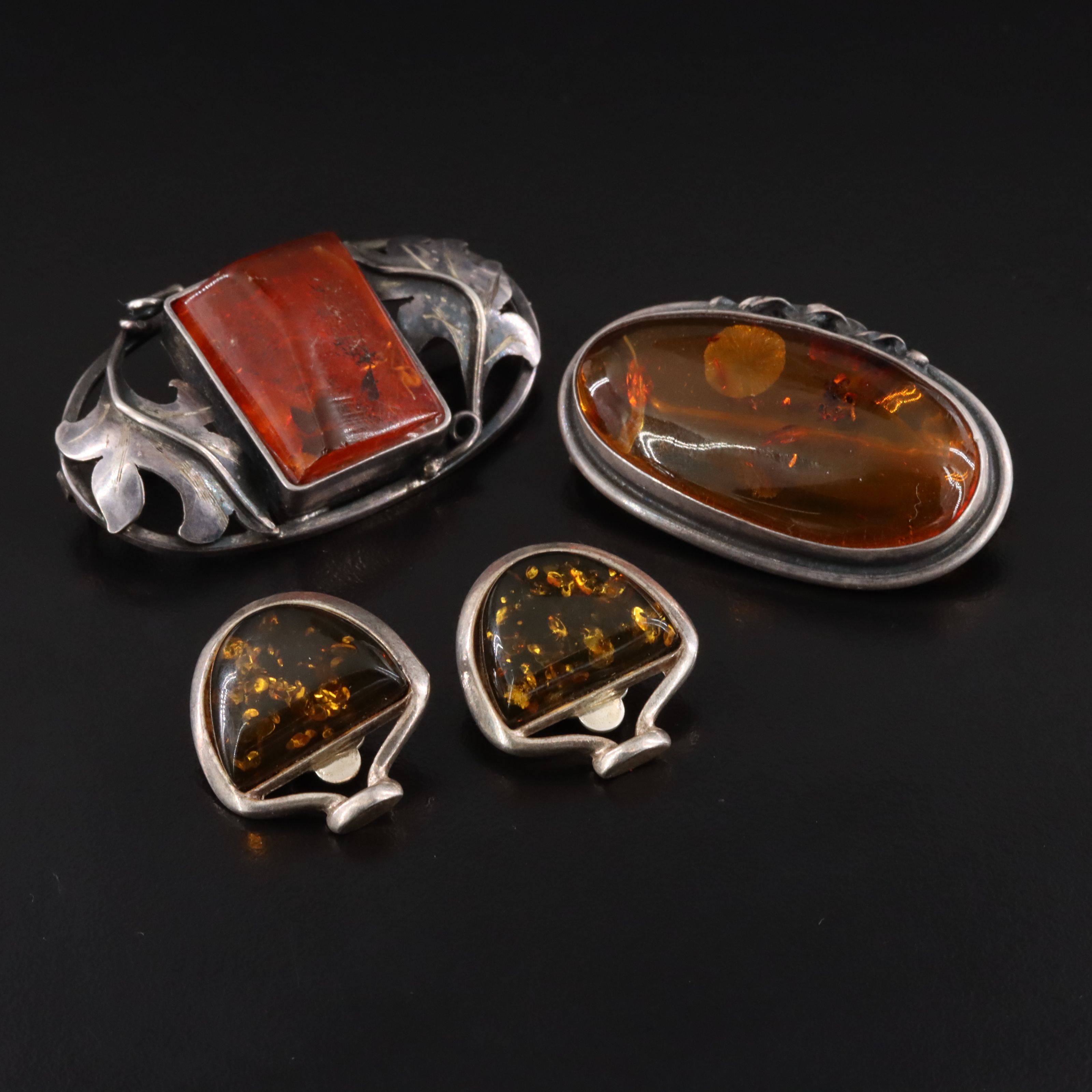 Sterling Amber Earrings and Brooches Including Polish and Converter
