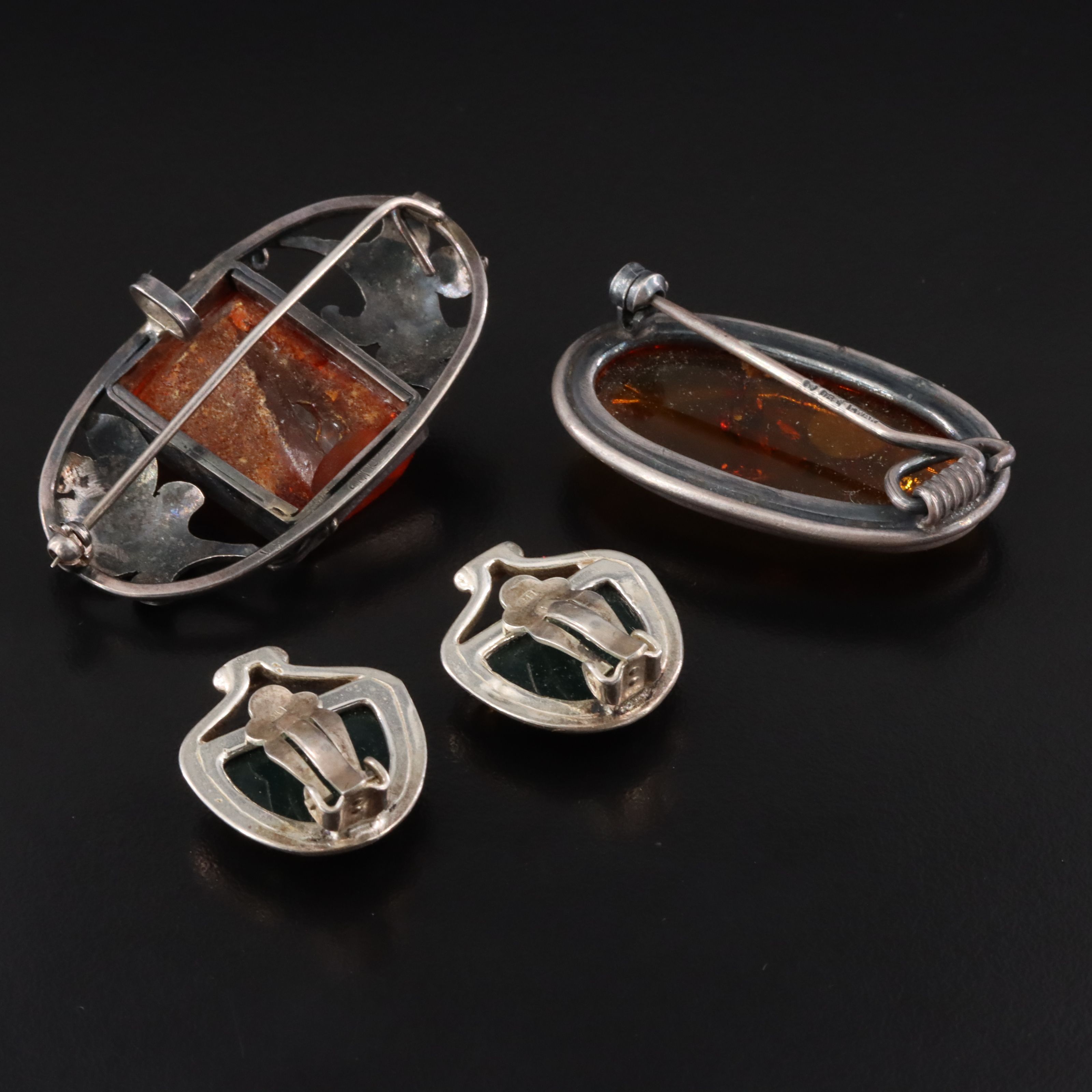 Sterling Amber Earrings and Brooches Including Polish and Converter
