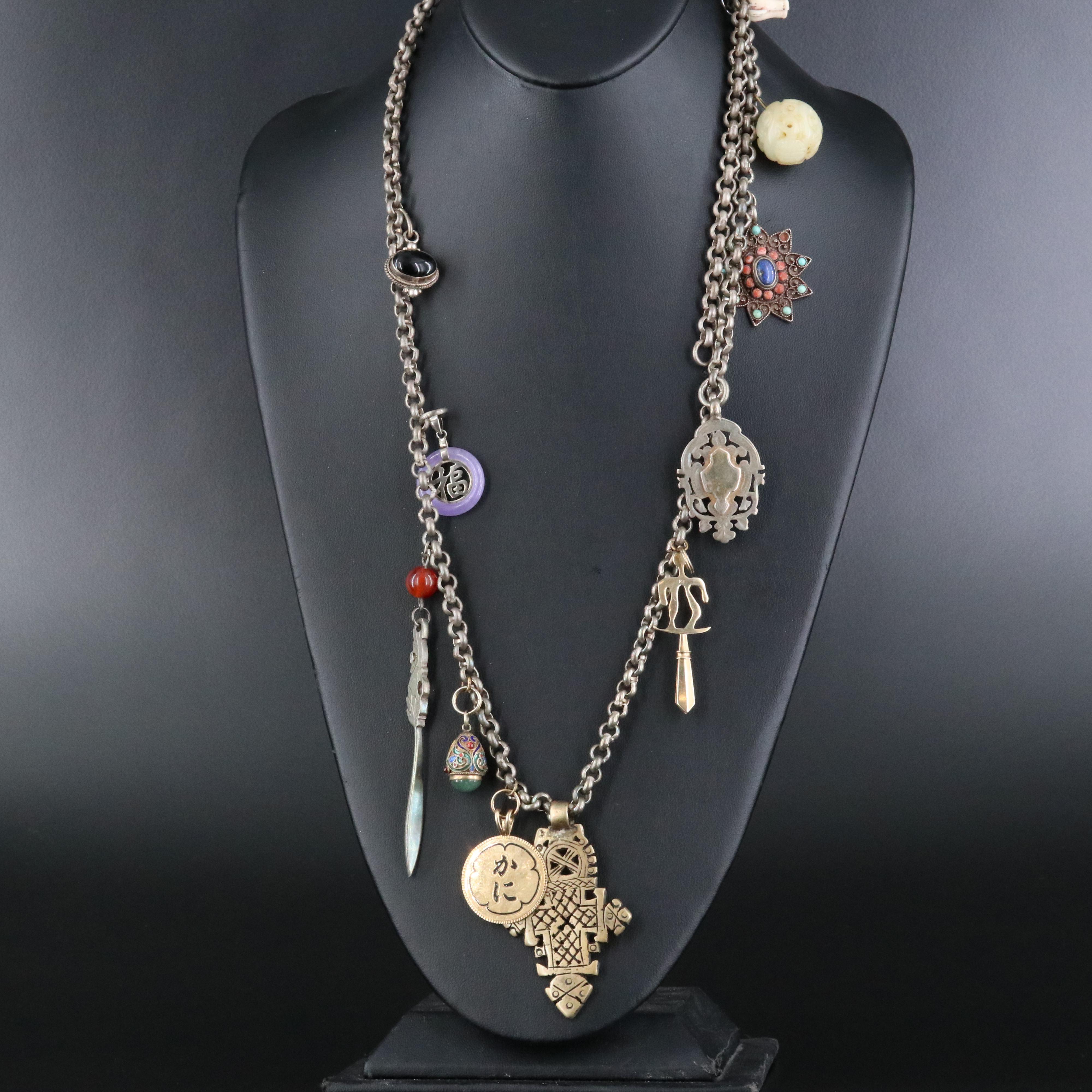 Talisman Charm Necklace Including 14K, Jadeite, Serpentine and Coral