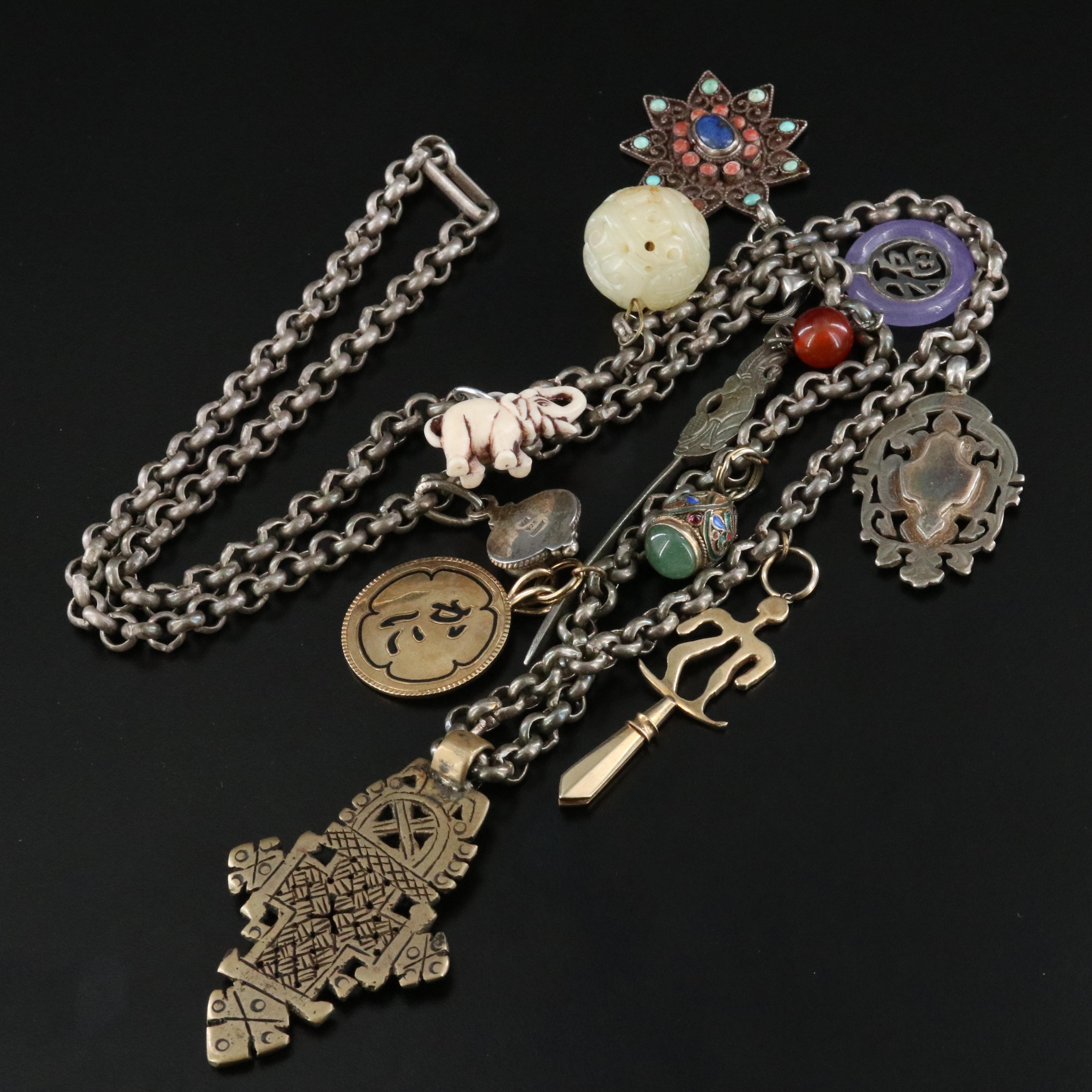 Talisman Charm Necklace Including 14K, Jadeite, Serpentine and Coral