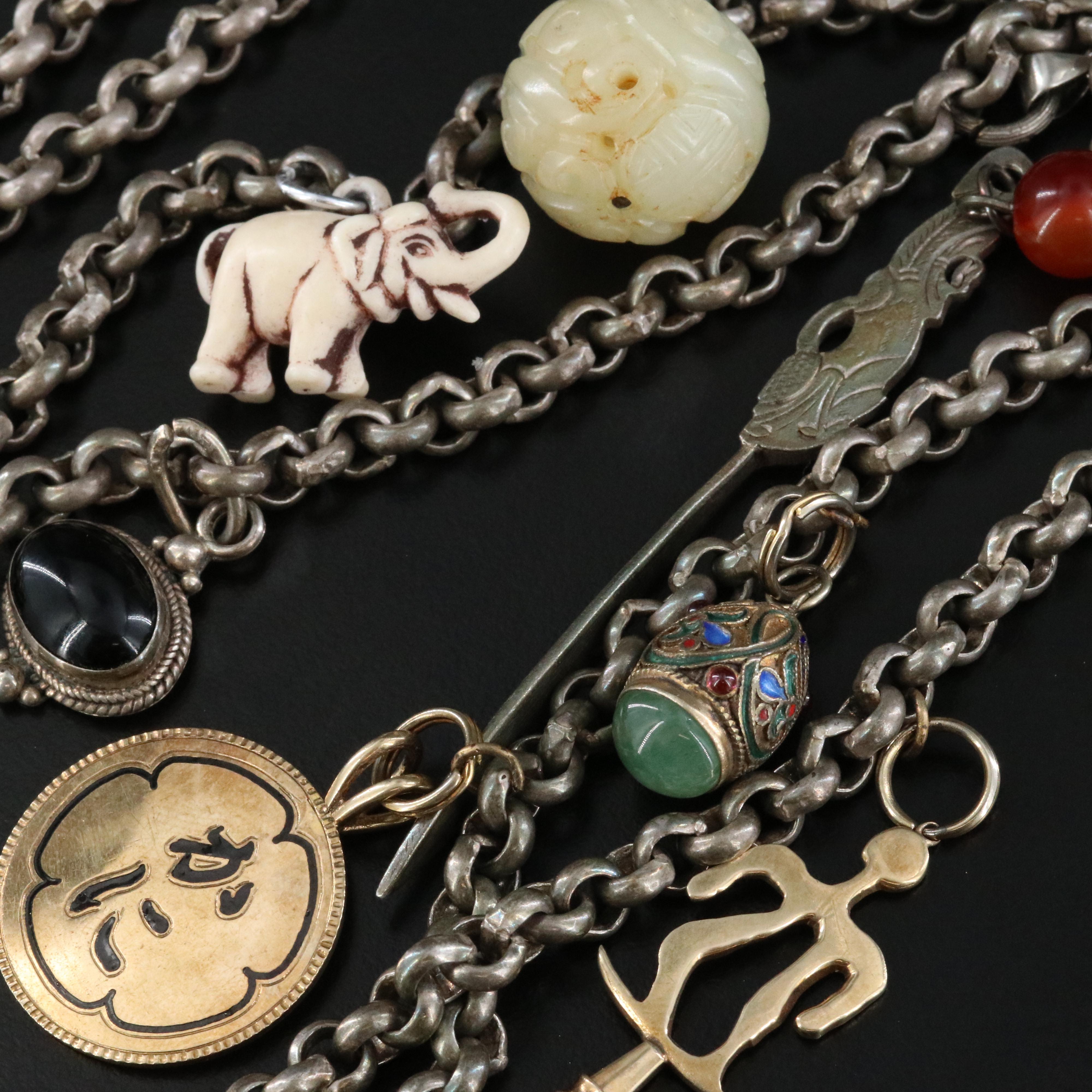 Talisman Charm Necklace Including 14K, Jadeite, Serpentine and Coral