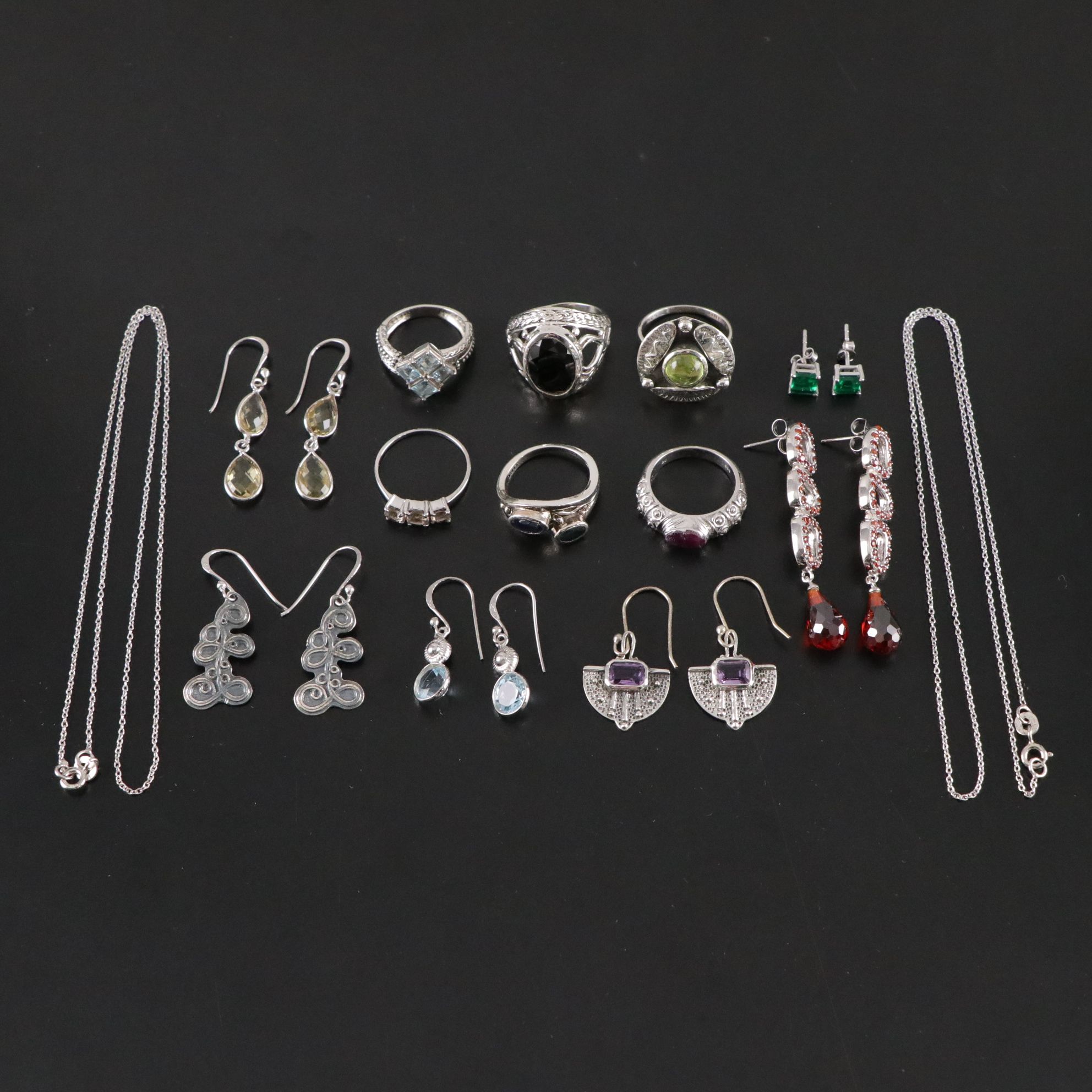 14 Assorted Sterling Silver Rings, Necklaces and Earrings