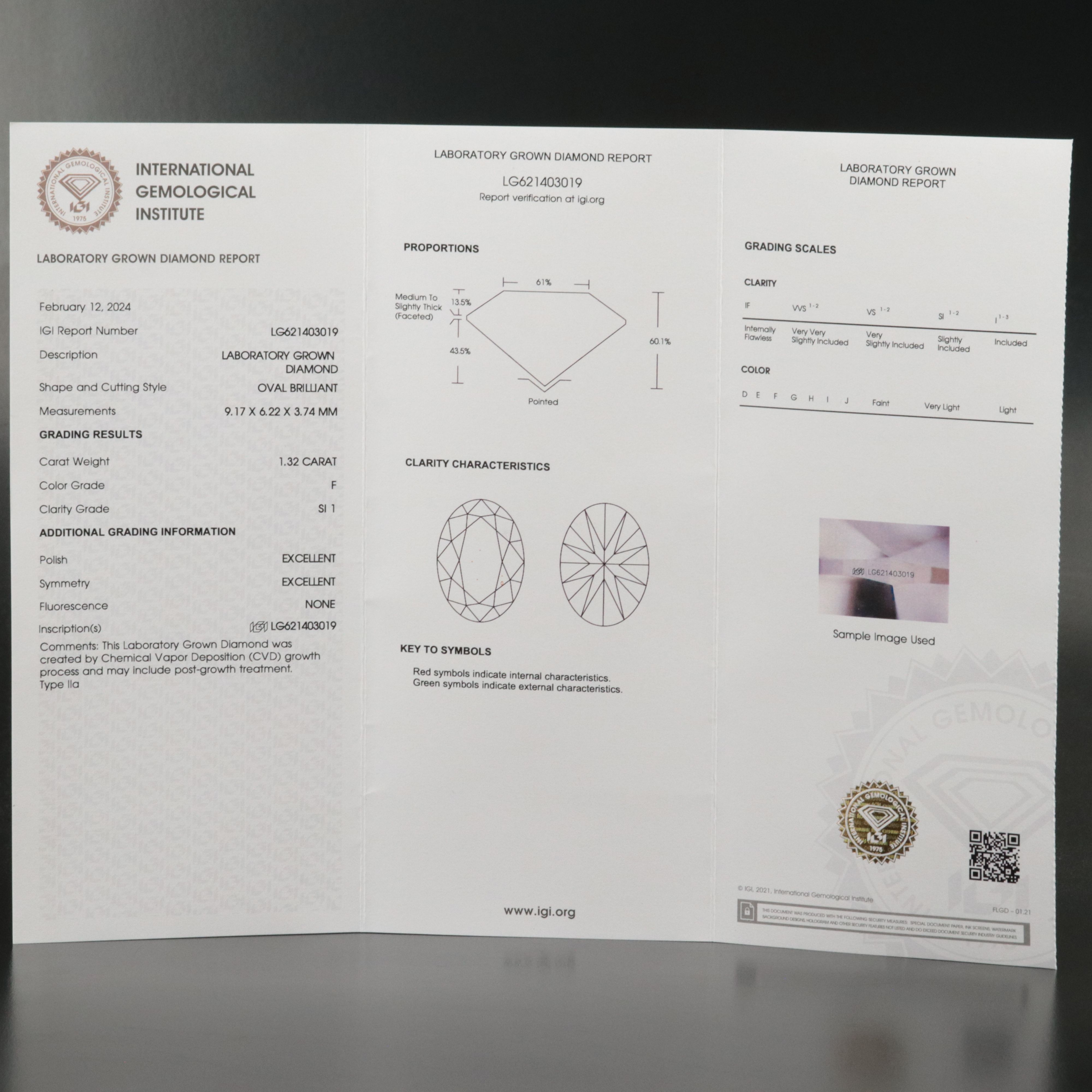 Loose 1.32 CT Lab Grown Diamond with IGI Report
