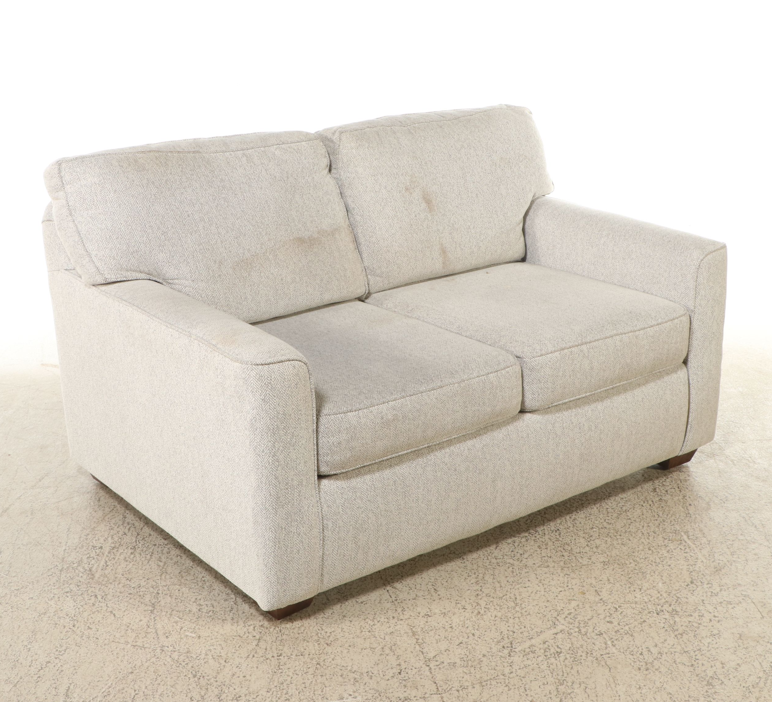 Contemporary Herringbone Upholstered Loveseat with Accent Pillows