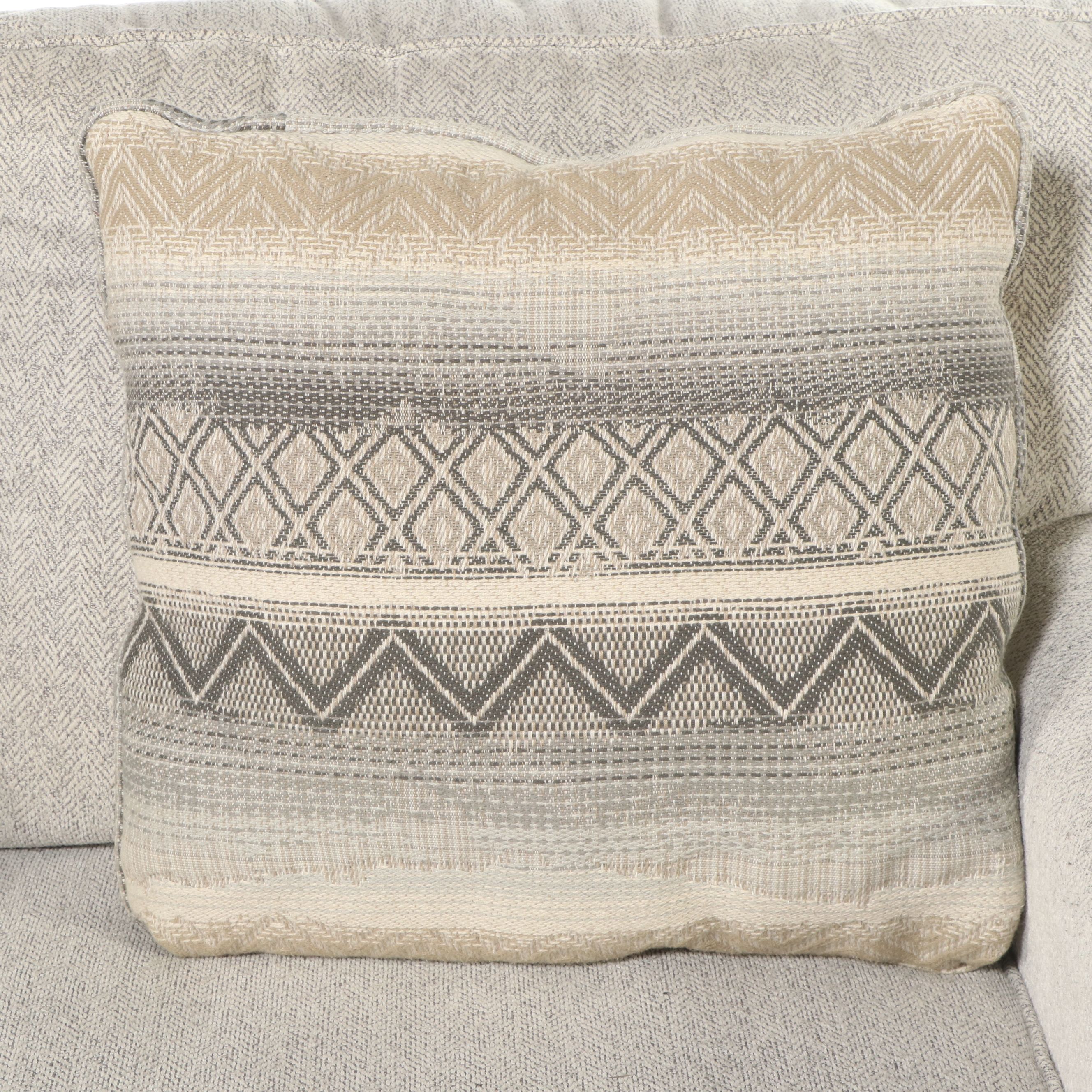 Contemporary Herringbone Upholstered Loveseat with Accent Pillows