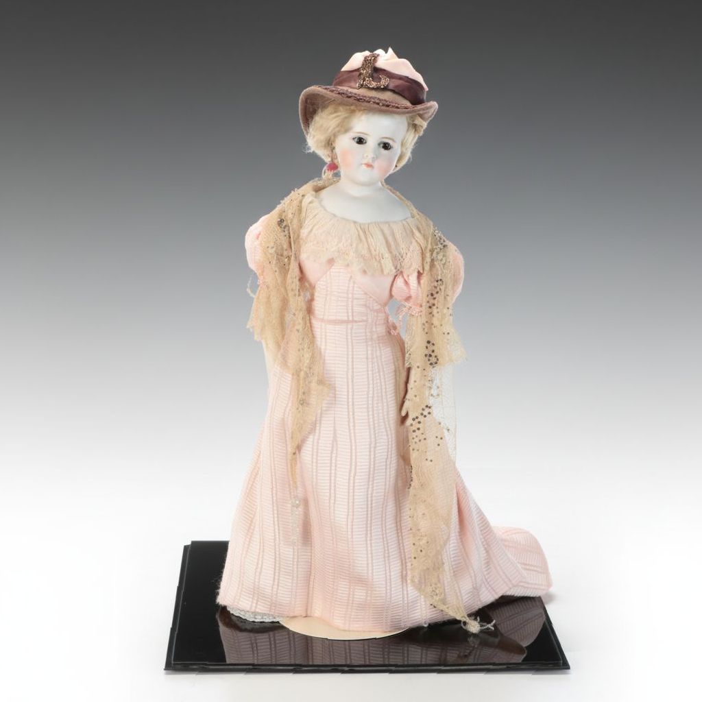 Porcelain Cloth Bodied German or French Doll with Display Case, Antique
