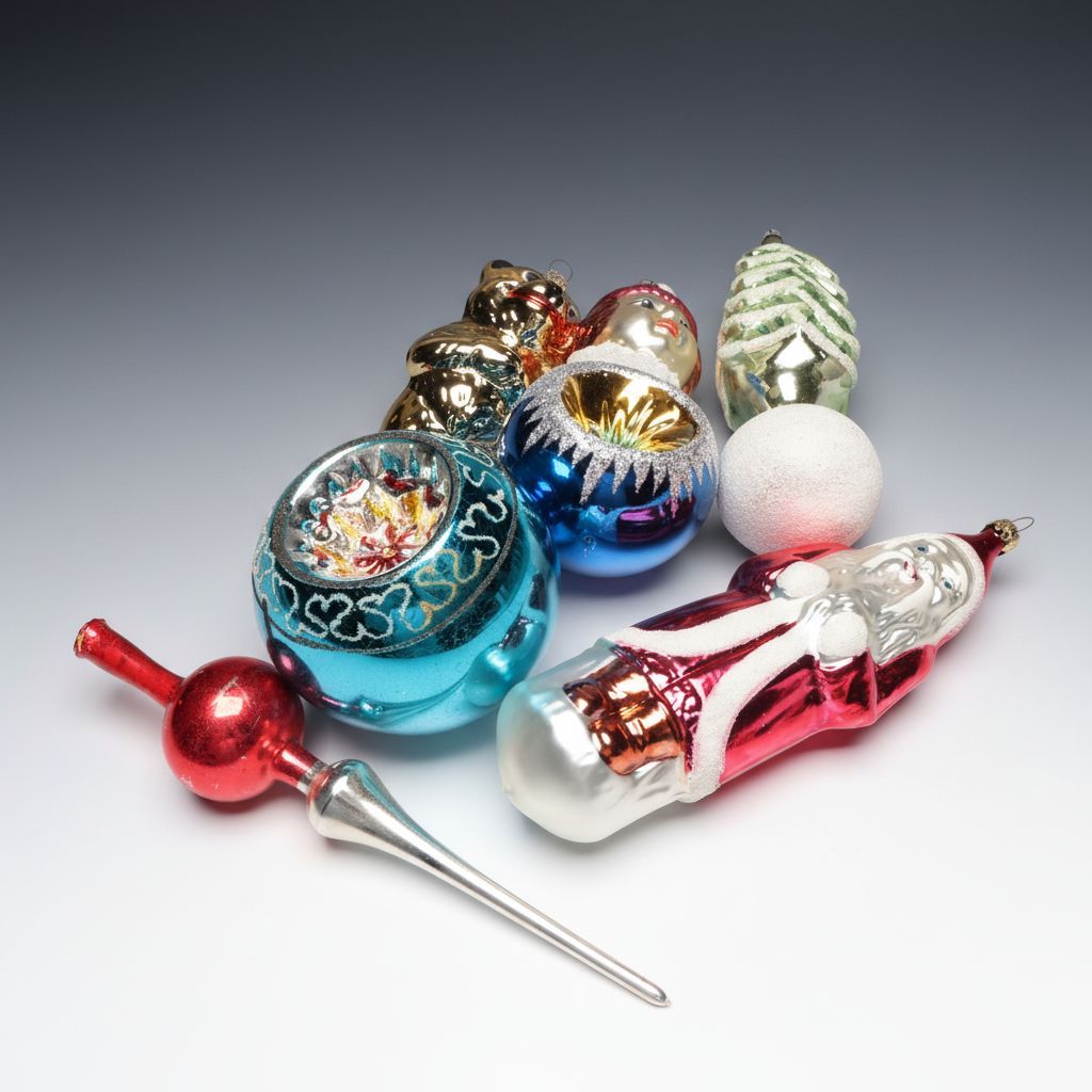 Santa Claus and Other Figural Ornaments with Glittered Baubles