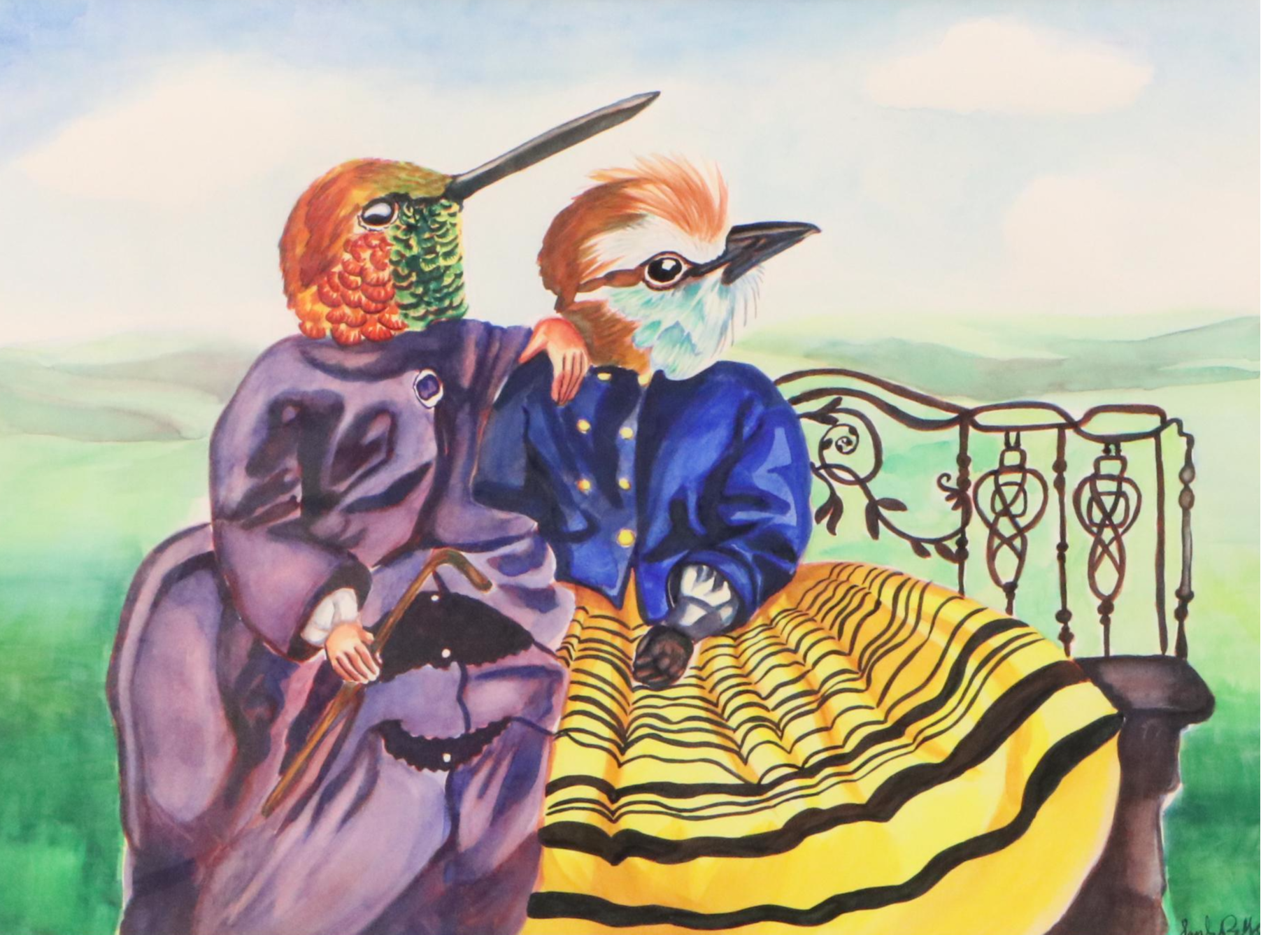 Sarah Rocheleau Watercolor Painting "Birds of a Feather," 21st Century