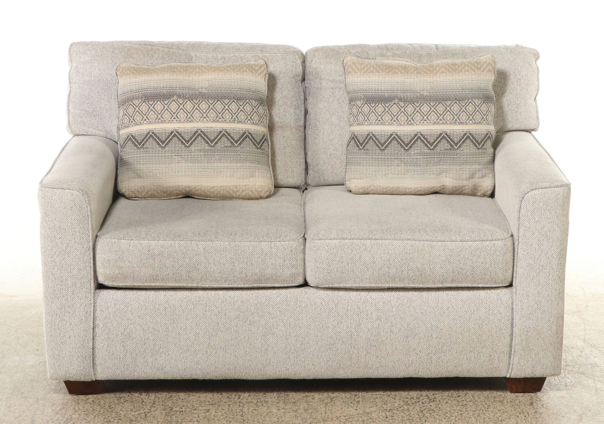 Contemporary Herringbone Upholstered Loveseat with Accent Pillows