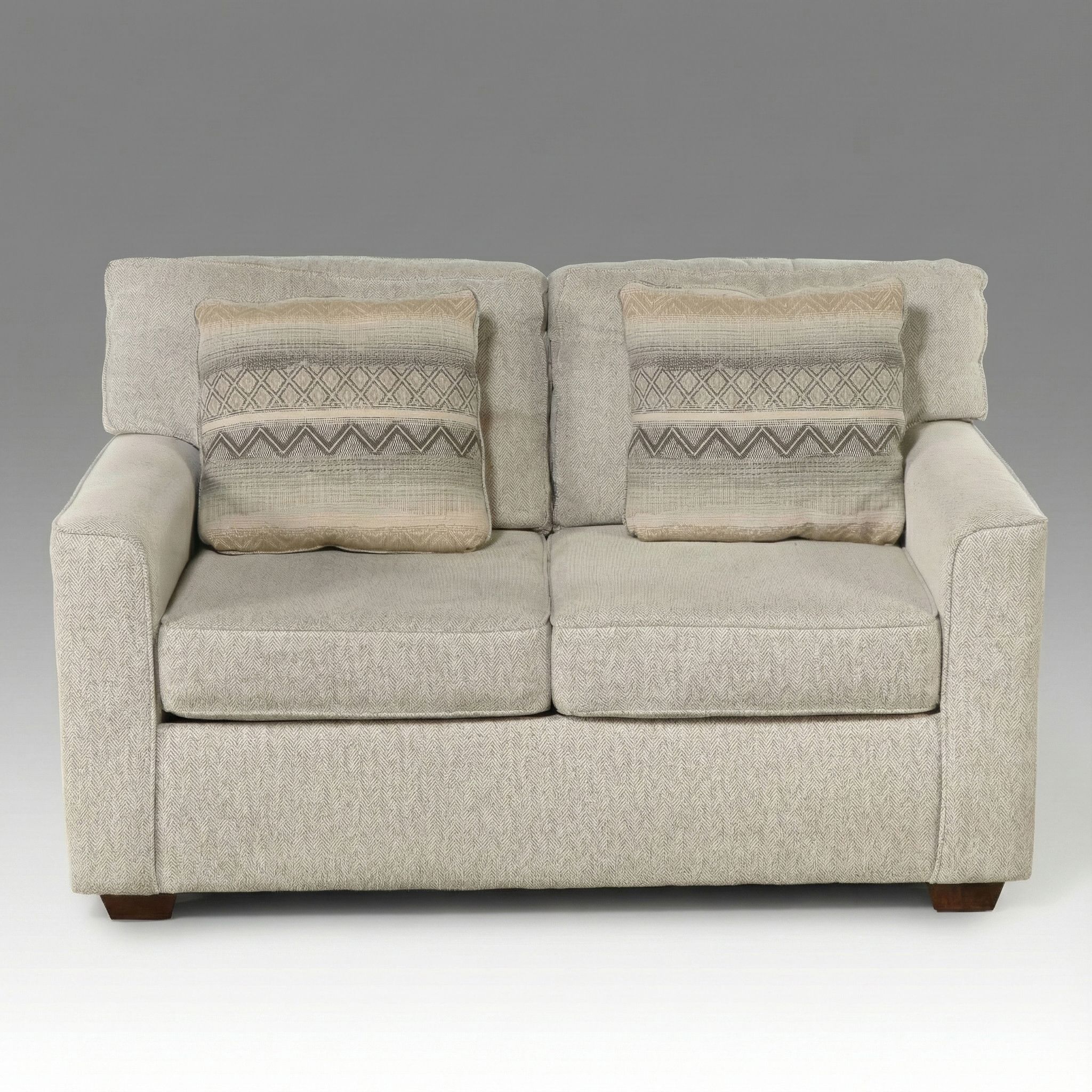 Contemporary Herringbone Upholstered Loveseat with Accent Pillows