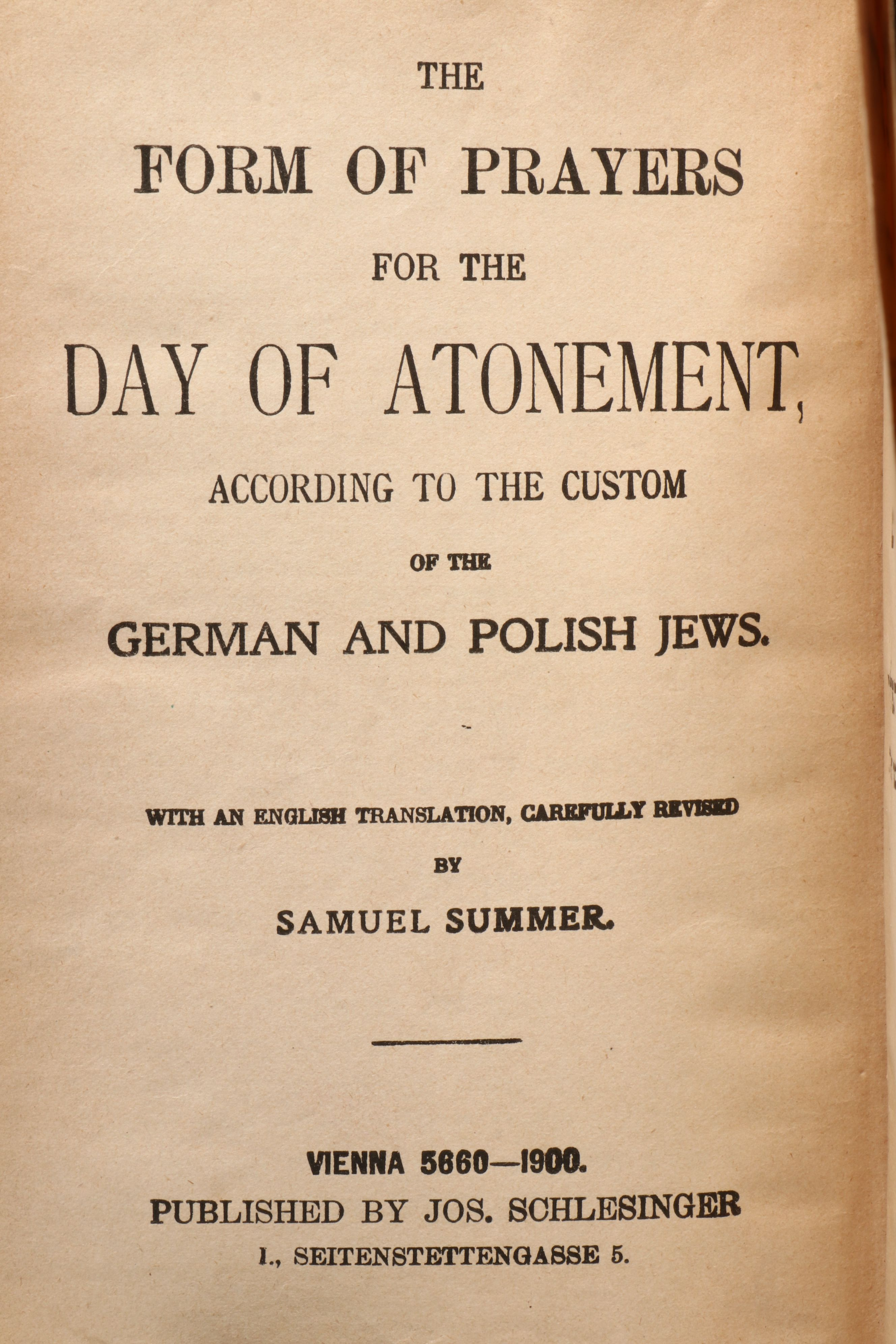 Hebrew and English "The Form of Prayers for the Day of Atonement," circa 1900