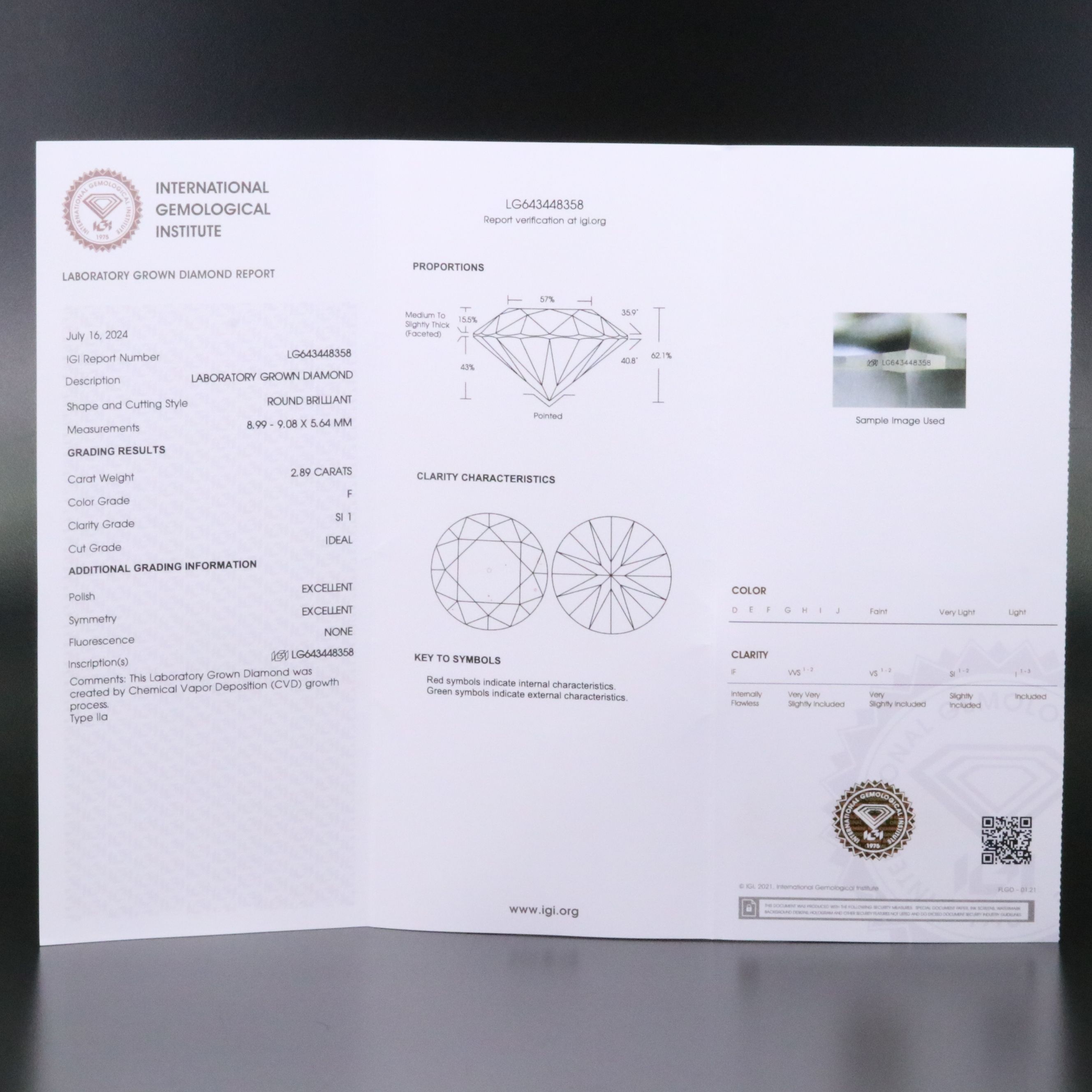 Loose 2.89 CT Lab Grown Diamond with IGI Report