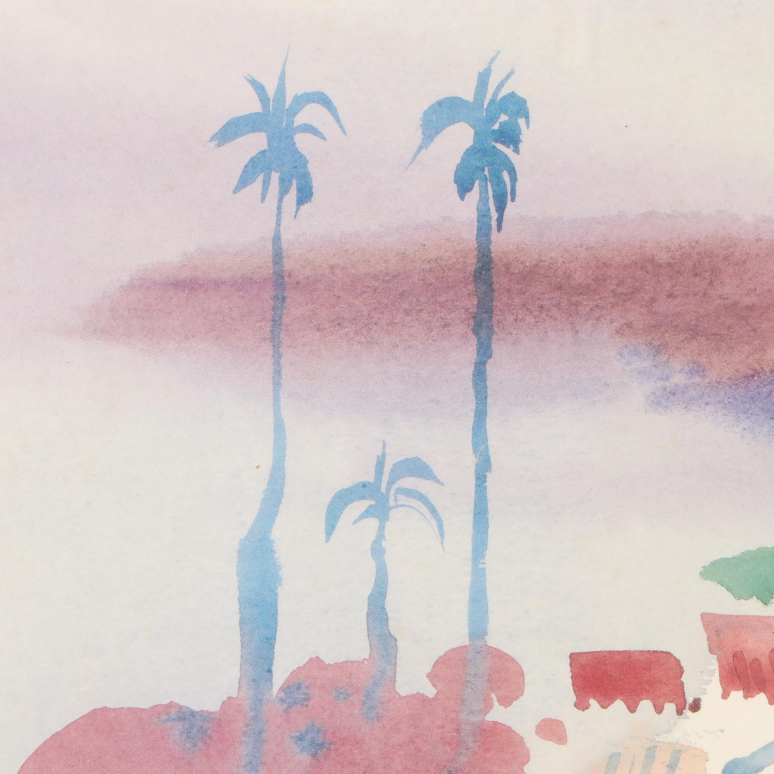 Landscape Offset Lithograph of Port Scene, Late 20th Century