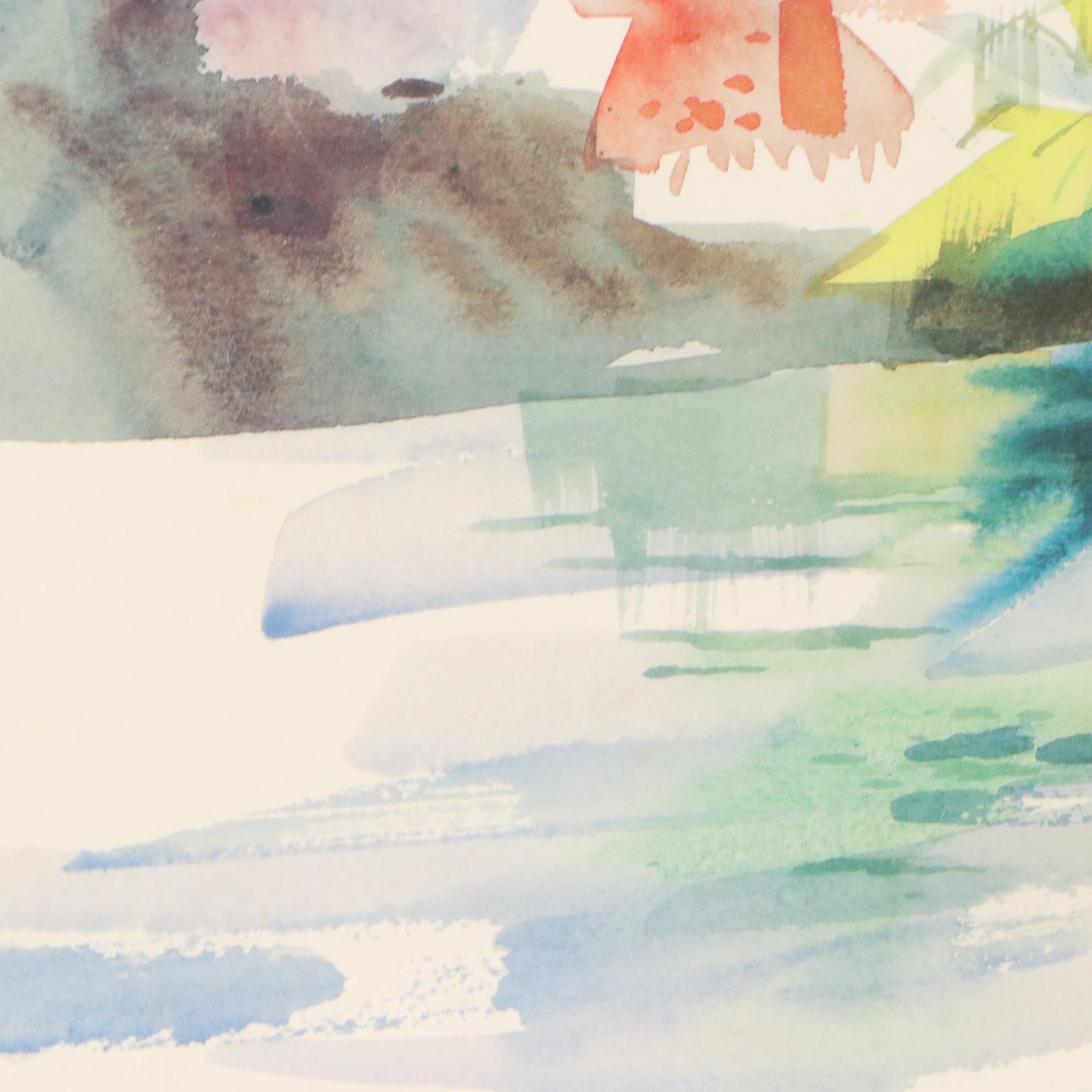 Landscape Offset Lithograph of Port Scene, Late 20th Century