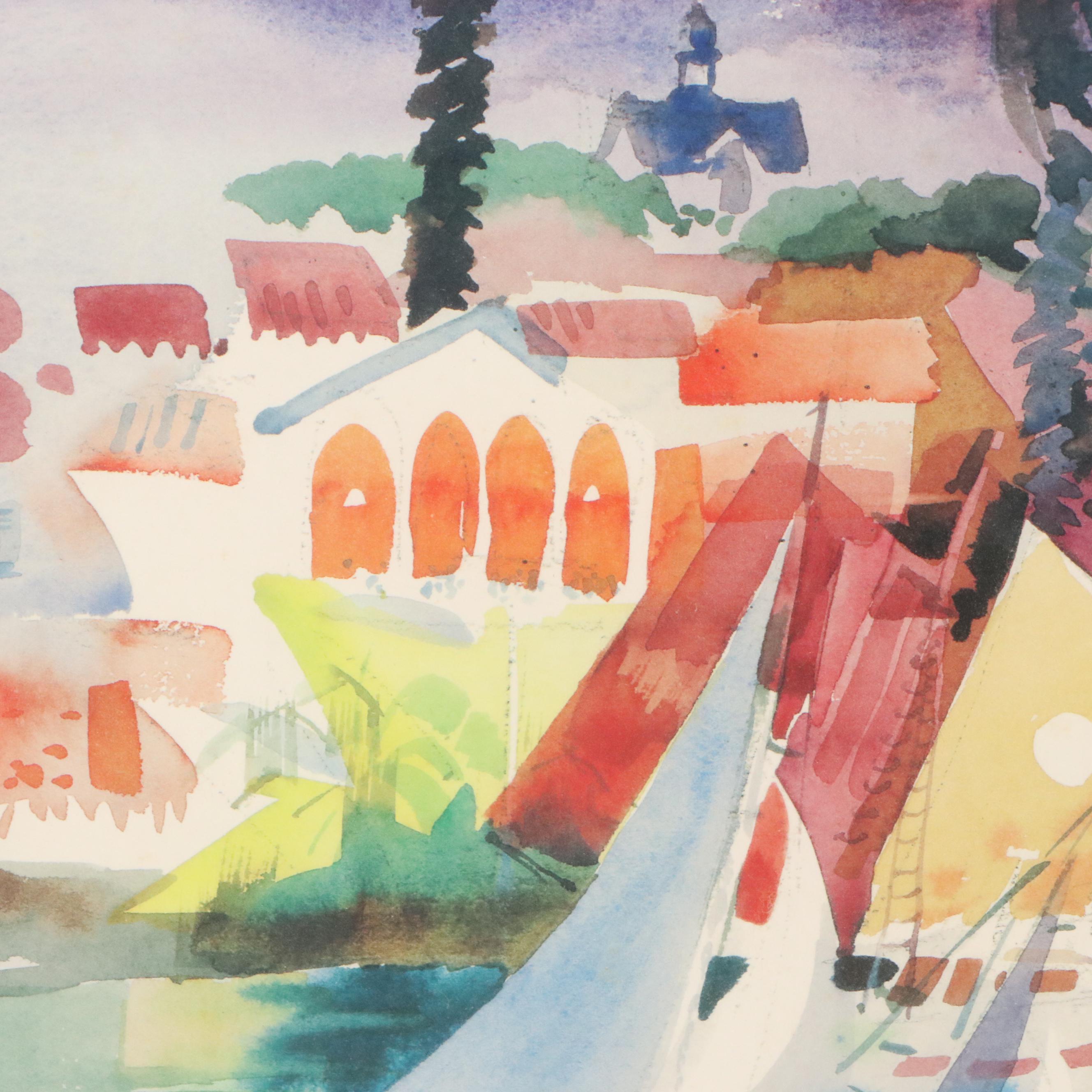 Landscape Offset Lithograph of Port Scene, Late 20th Century