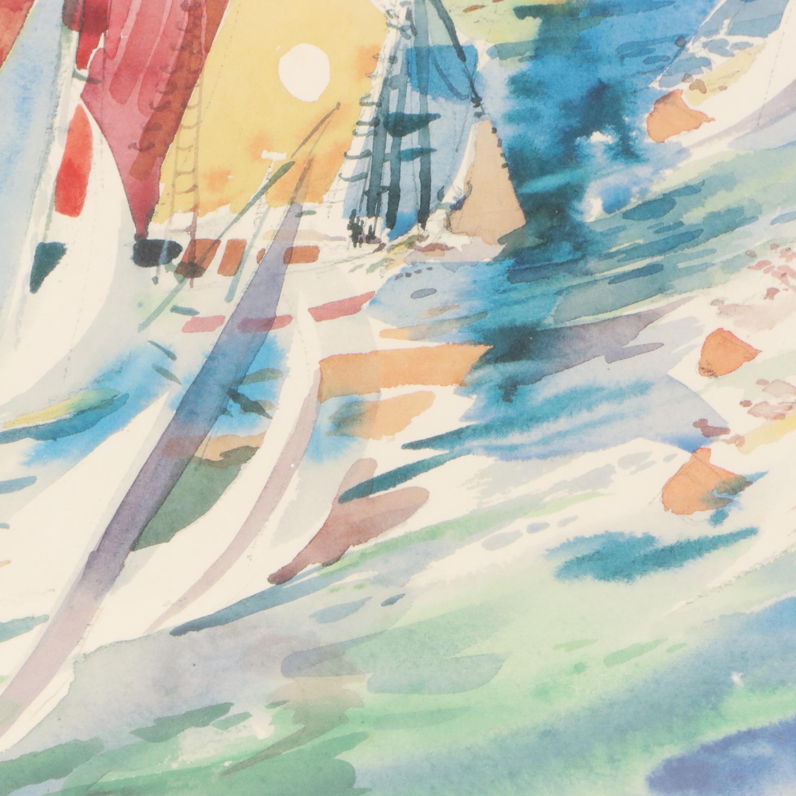 Landscape Offset Lithograph of Port Scene, Late 20th Century