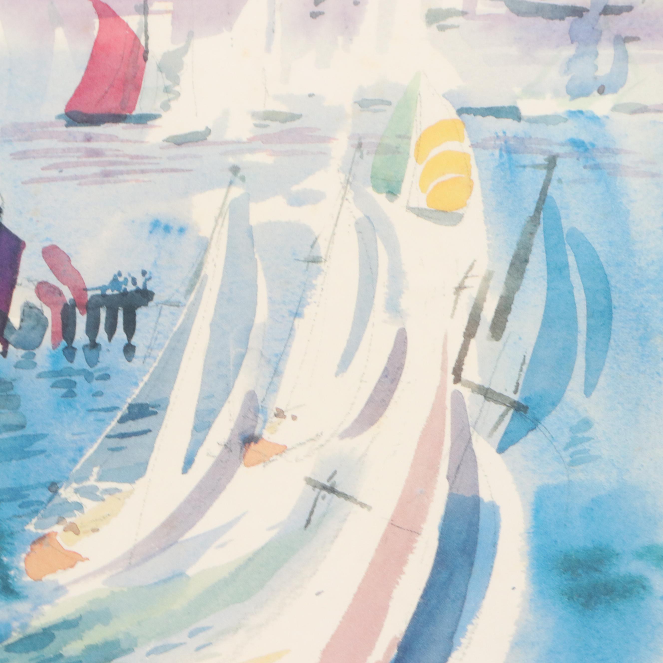 Landscape Offset Lithograph of Port Scene, Late 20th Century