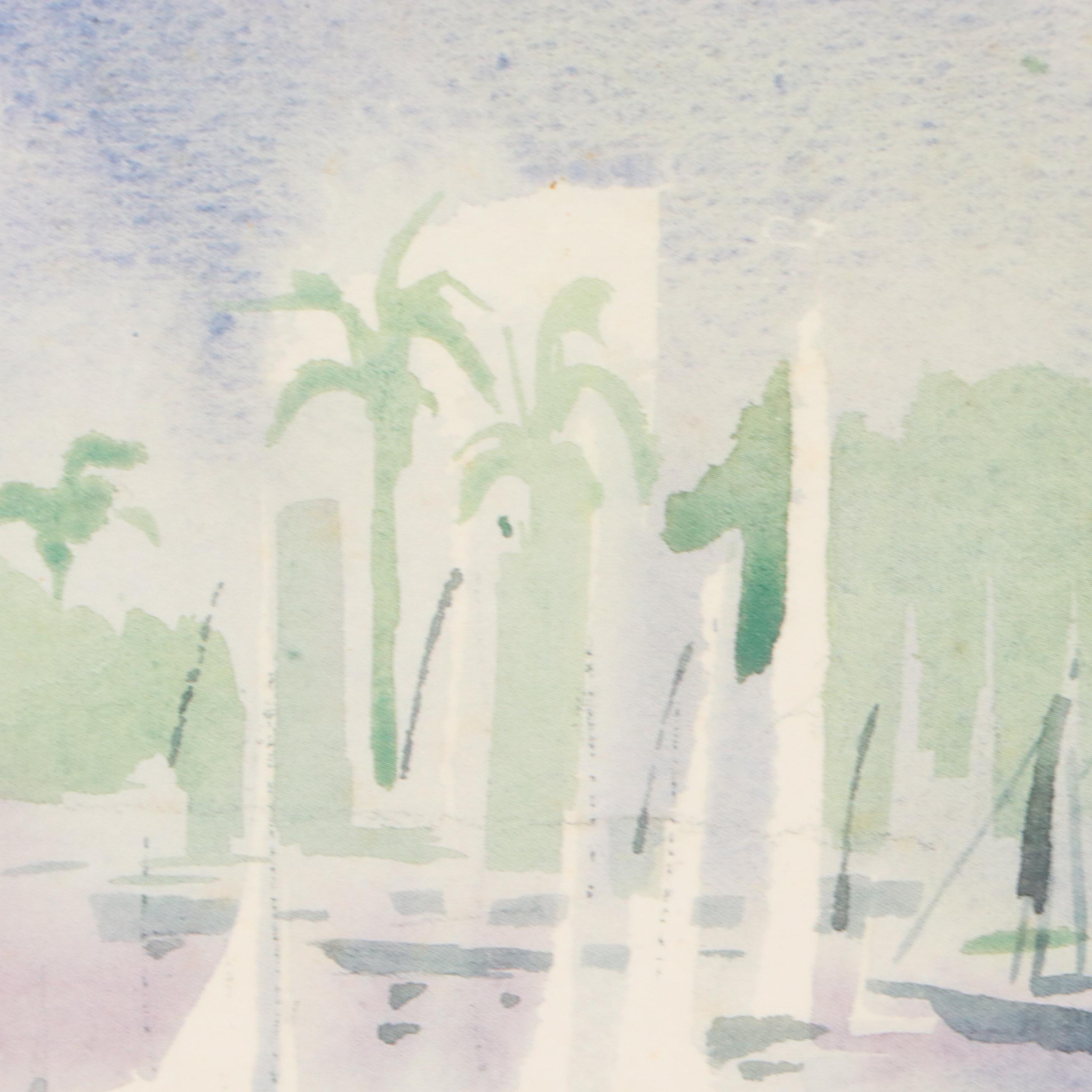 Landscape Offset Lithograph of Port Scene, Late 20th Century