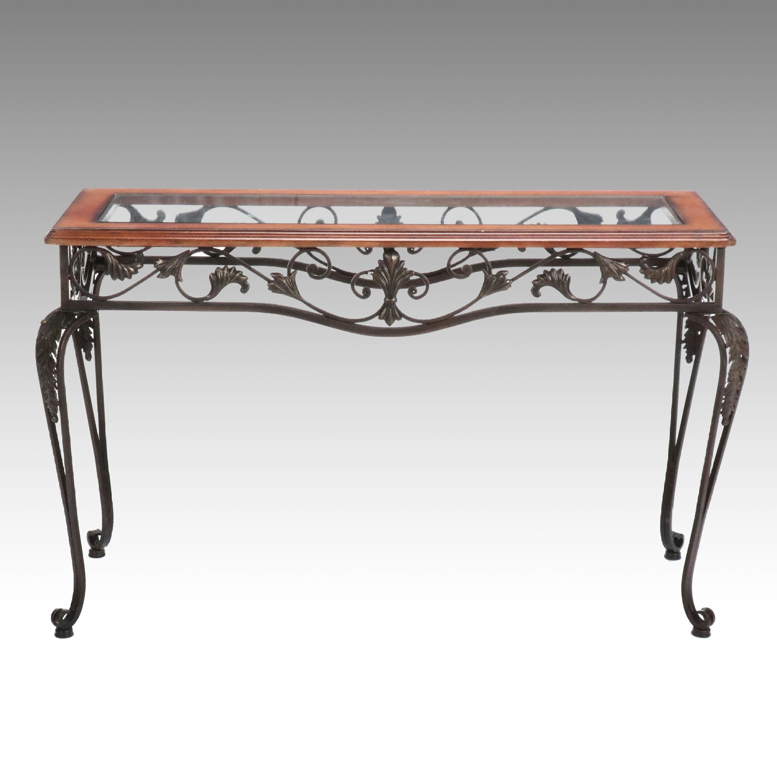 Ornate Wrought Iron Console Table with Wood Framed Glass Top, 21st C