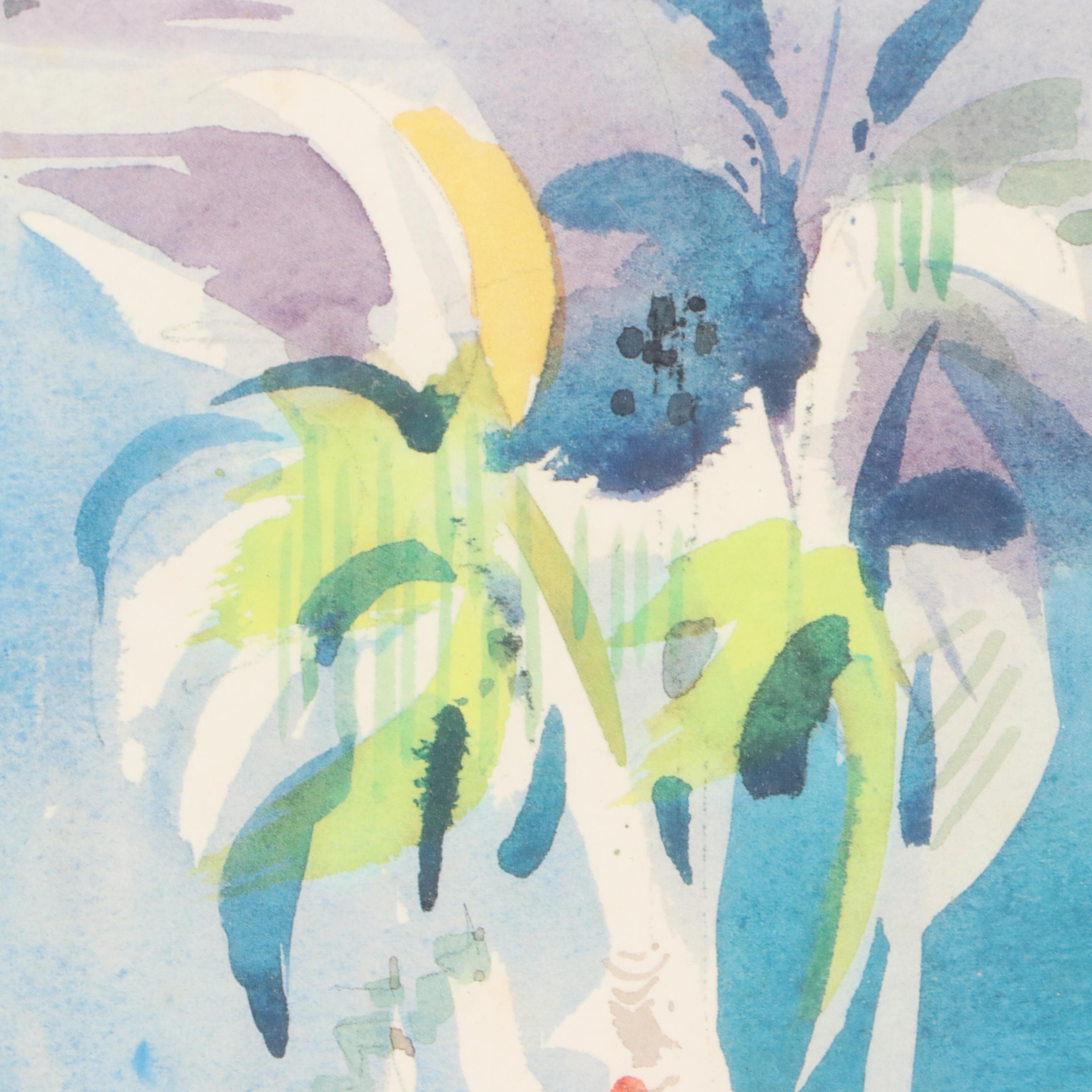 Landscape Offset Lithograph of Port Scene, Late 20th Century