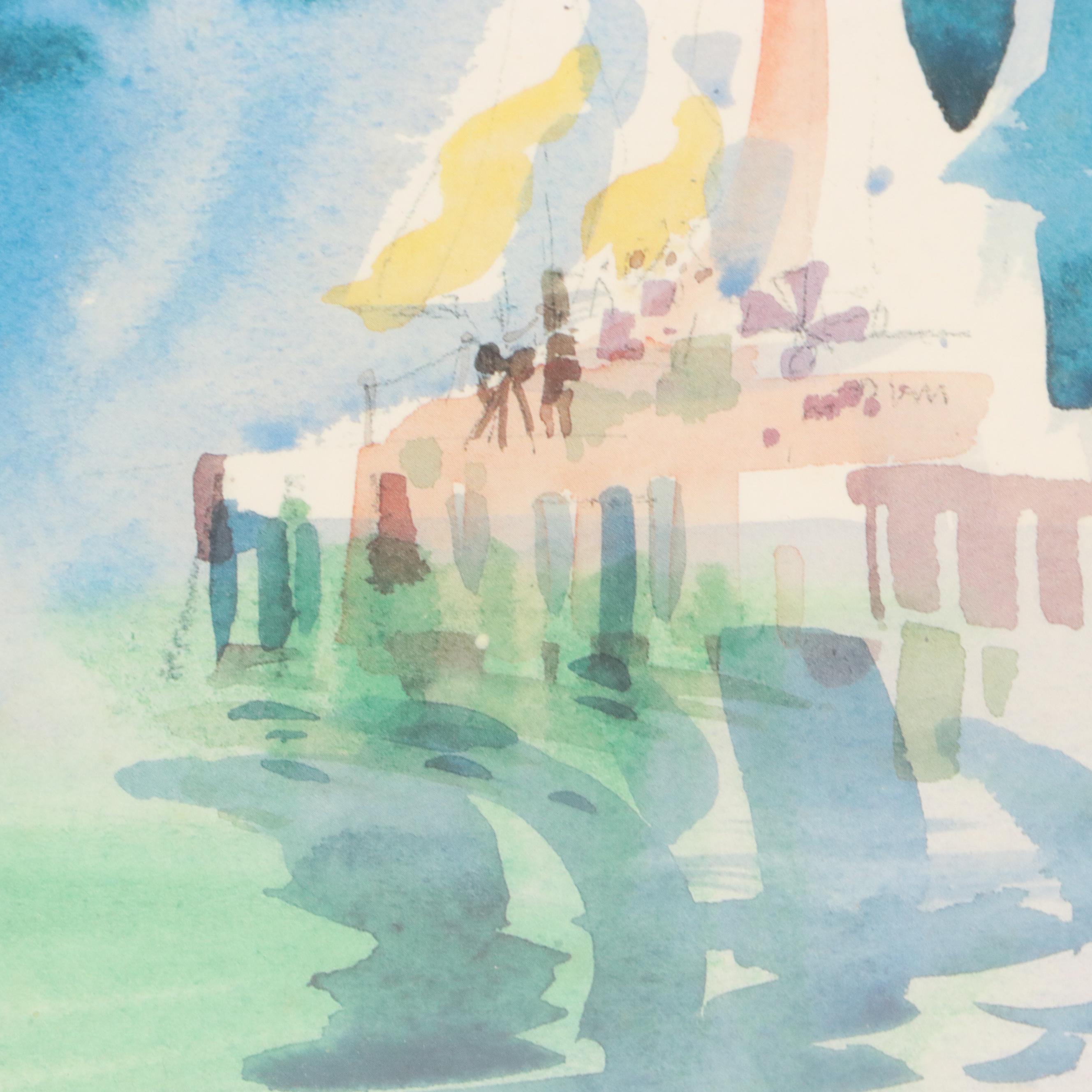 Landscape Offset Lithograph of Port Scene, Late 20th Century