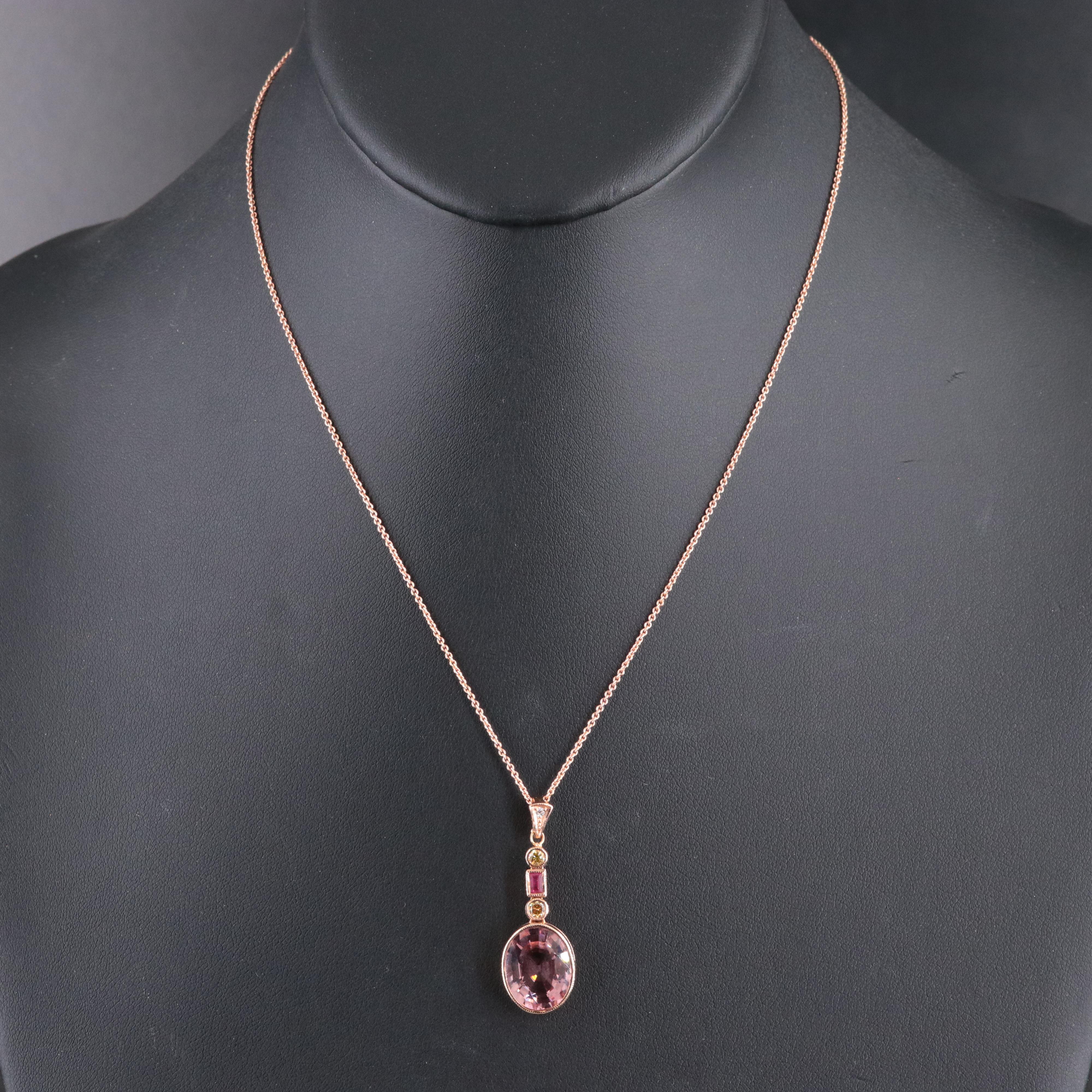 18K and 14K Rose Gold 5.30 CT Tourmaline, Ruby and Fancy Diamond Necklace