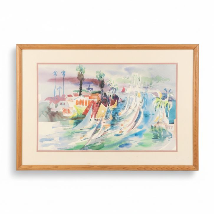 Landscape Offset Lithograph of Port Scene, Late 20th Century