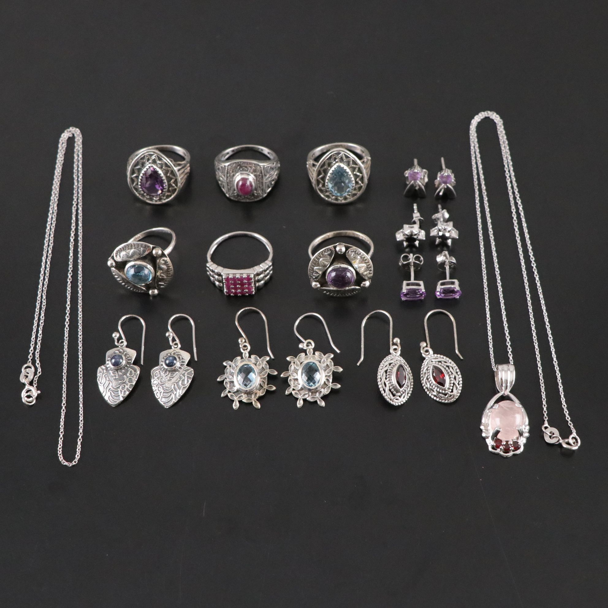 14 Assorted Sterling Silver Rings, Necklaces and Earrings