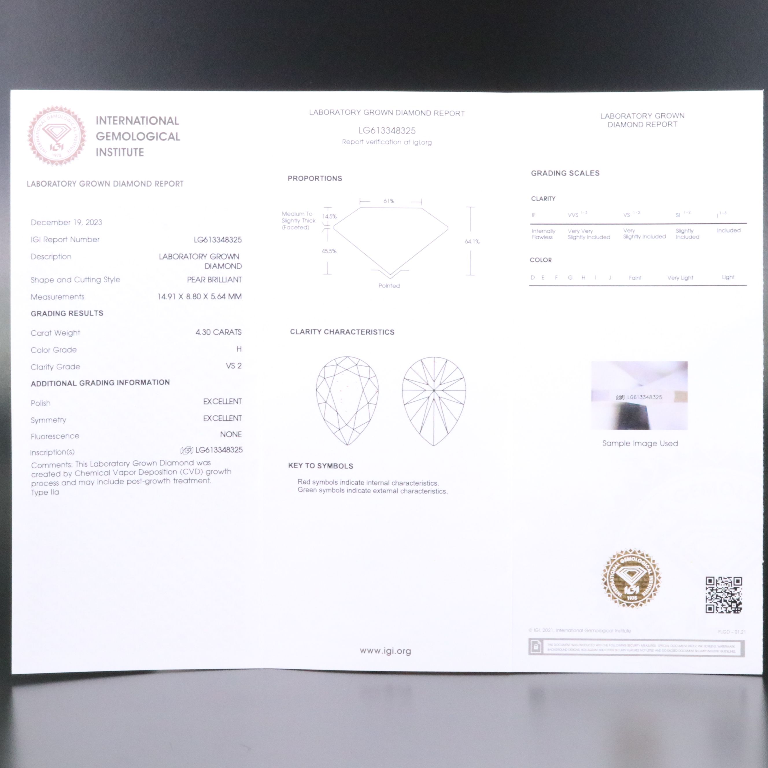 Loose 4.30 CT Lab Grown Diamond with IGI Report