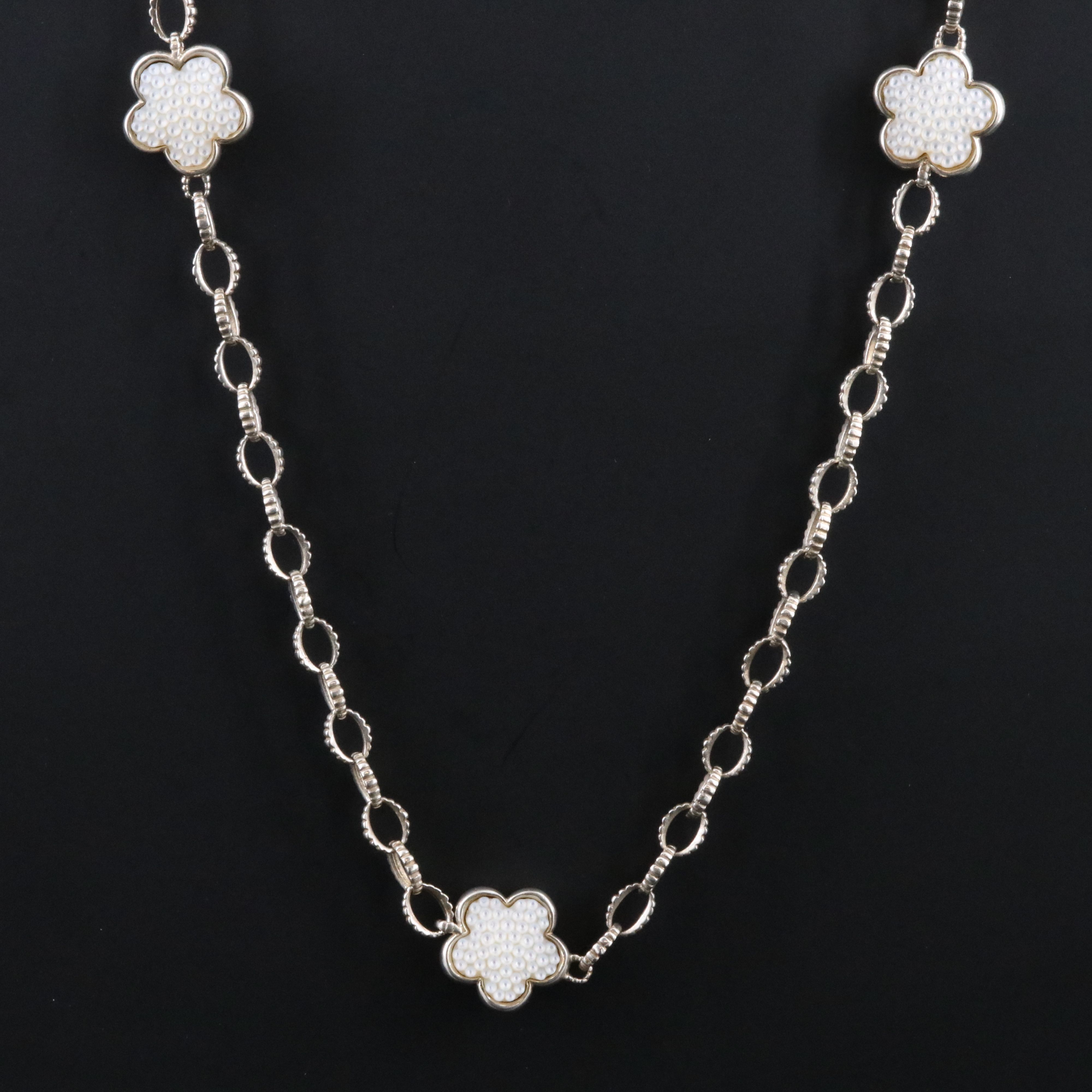 Lagos Caviar Sterling White Ceramic Clover Station Necklace