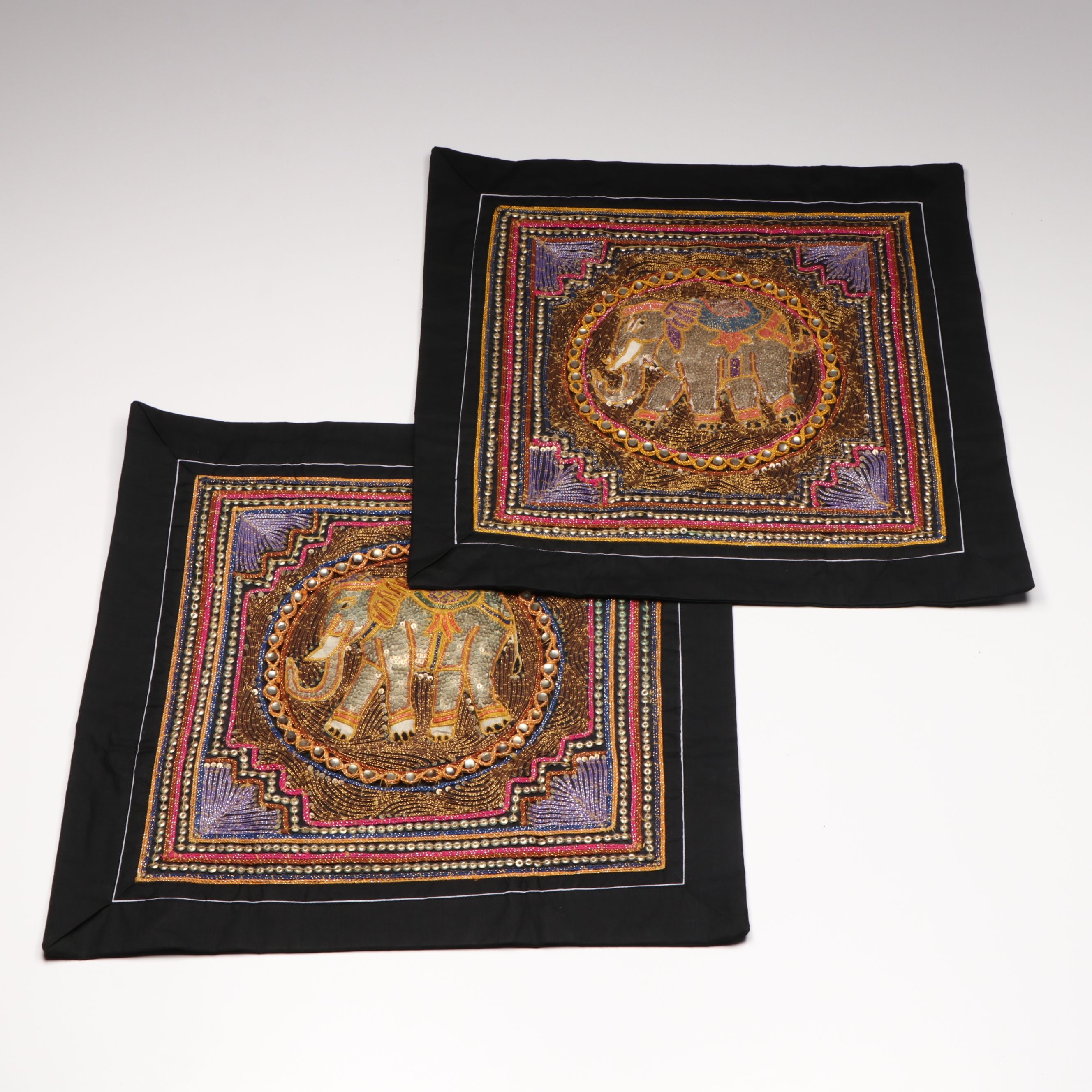 Pair of Indian Kalaga Hand-Embroidered Elephant Pillow Shams