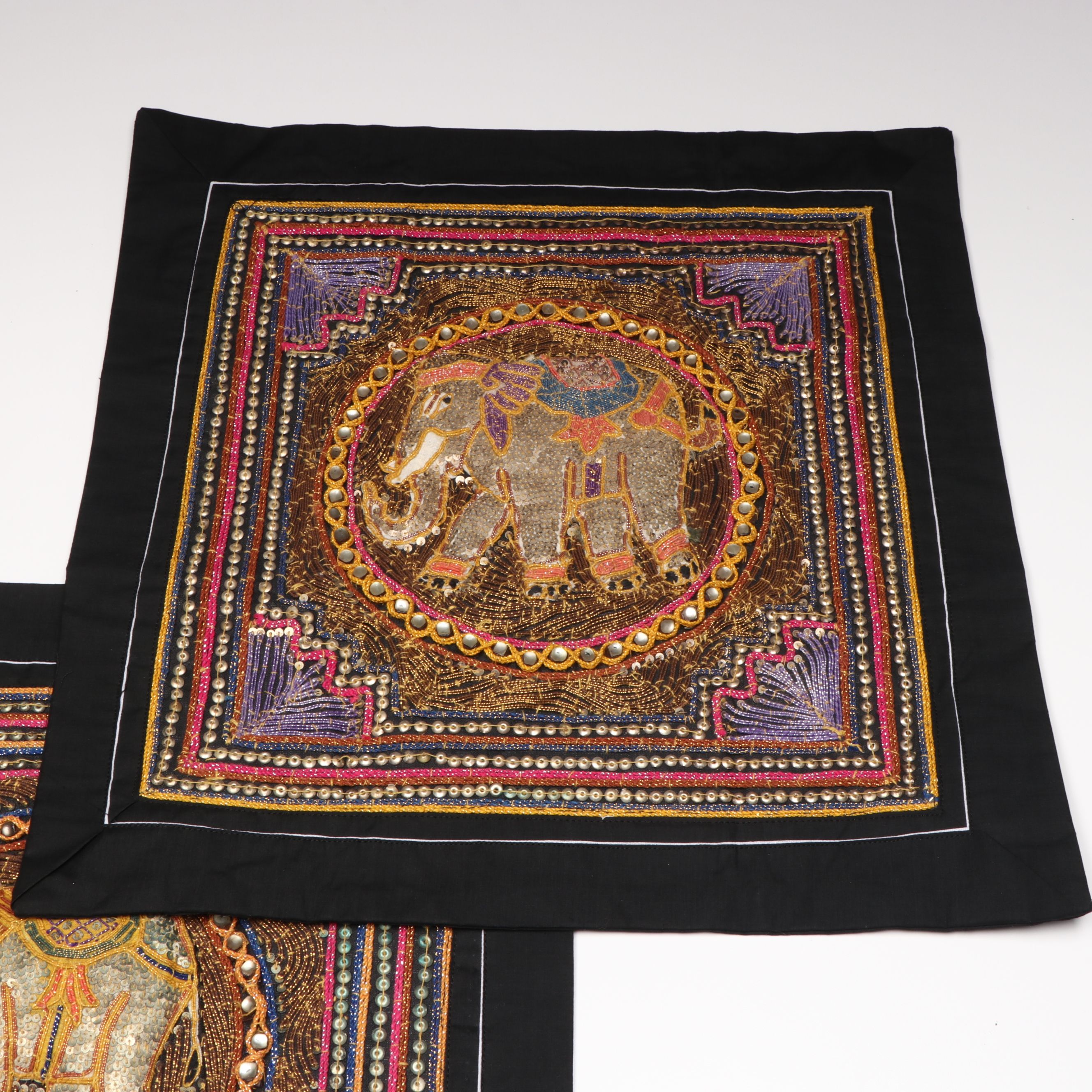 Pair of Indian Kalaga Hand-Embroidered Elephant Pillow Shams